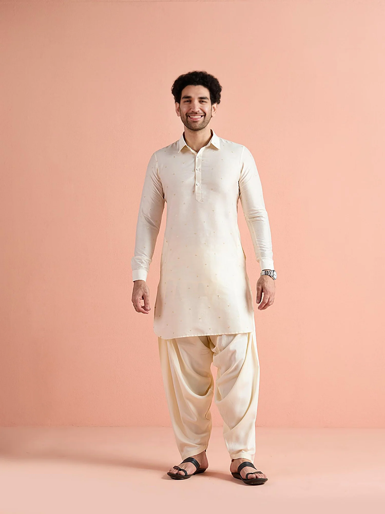 Off-White Viscose Embroidered Pathani Kurta - Image 9