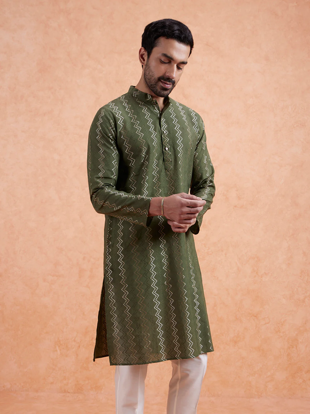 Green Silk Blend Woven Long Kurta Trouser Set - Image 7