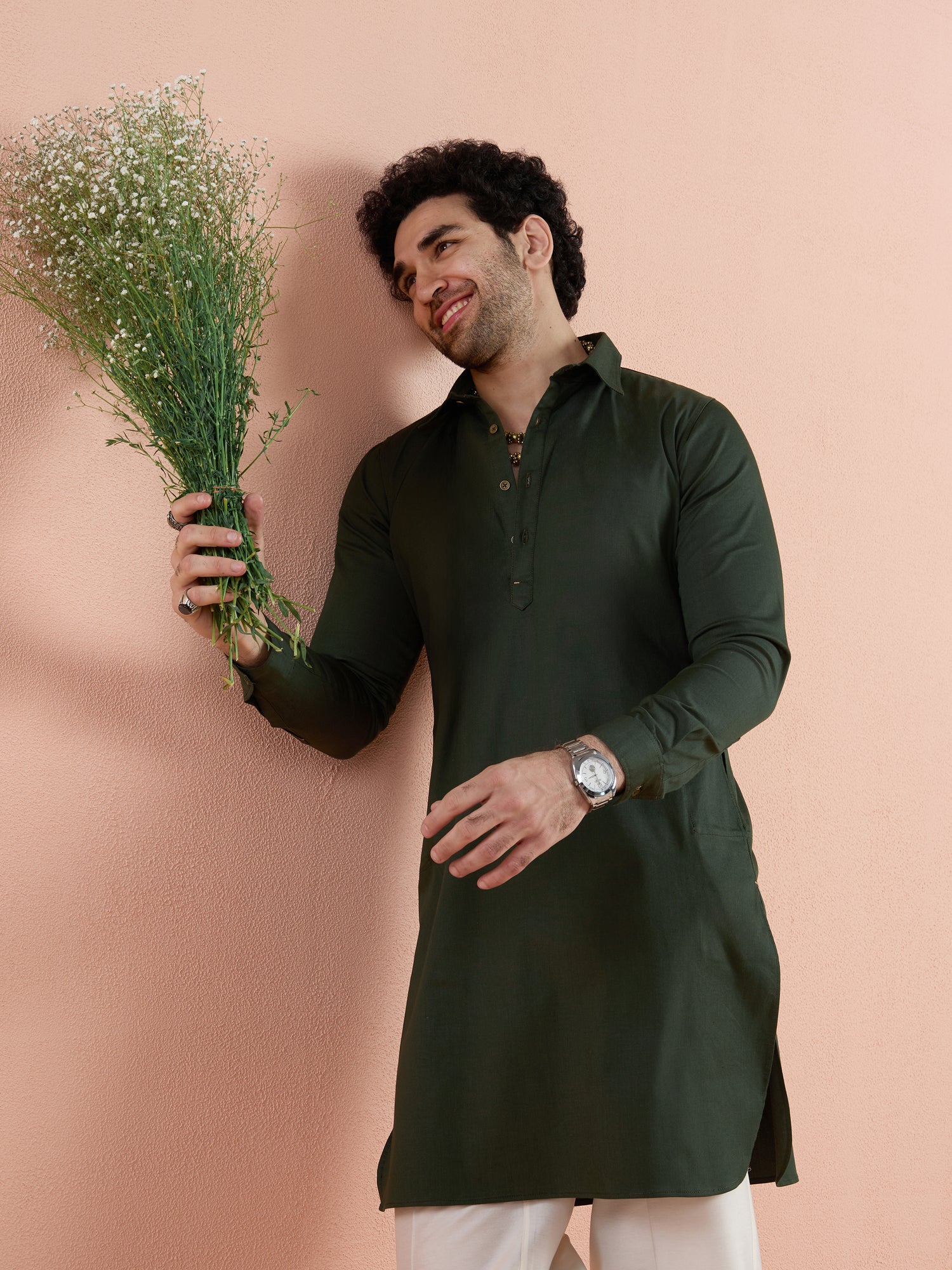 Olive Denim Solid Pathani Kurta Wide Leg Pant Set - Image 10
