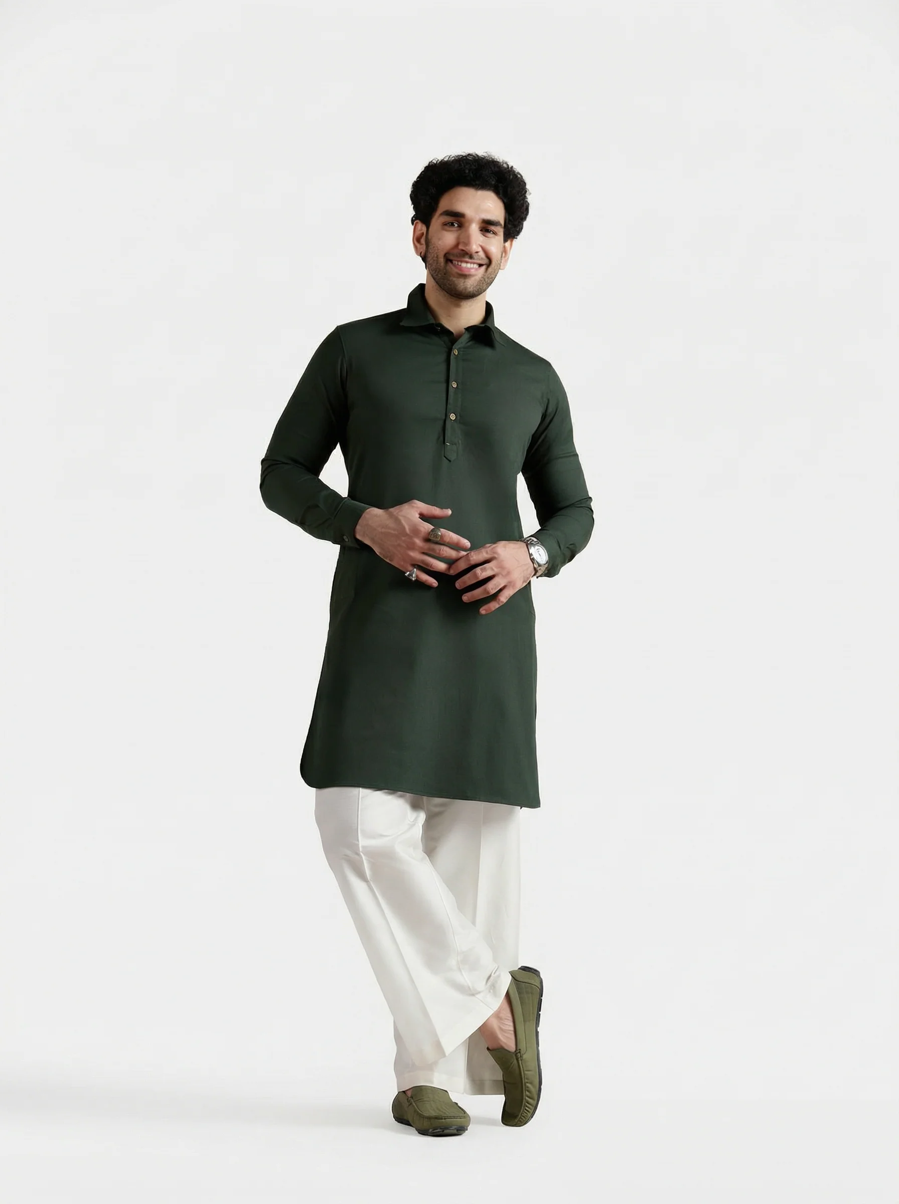 Olive Denim Solid Pathani Kurta Wide Leg Pant Set - Image 11
