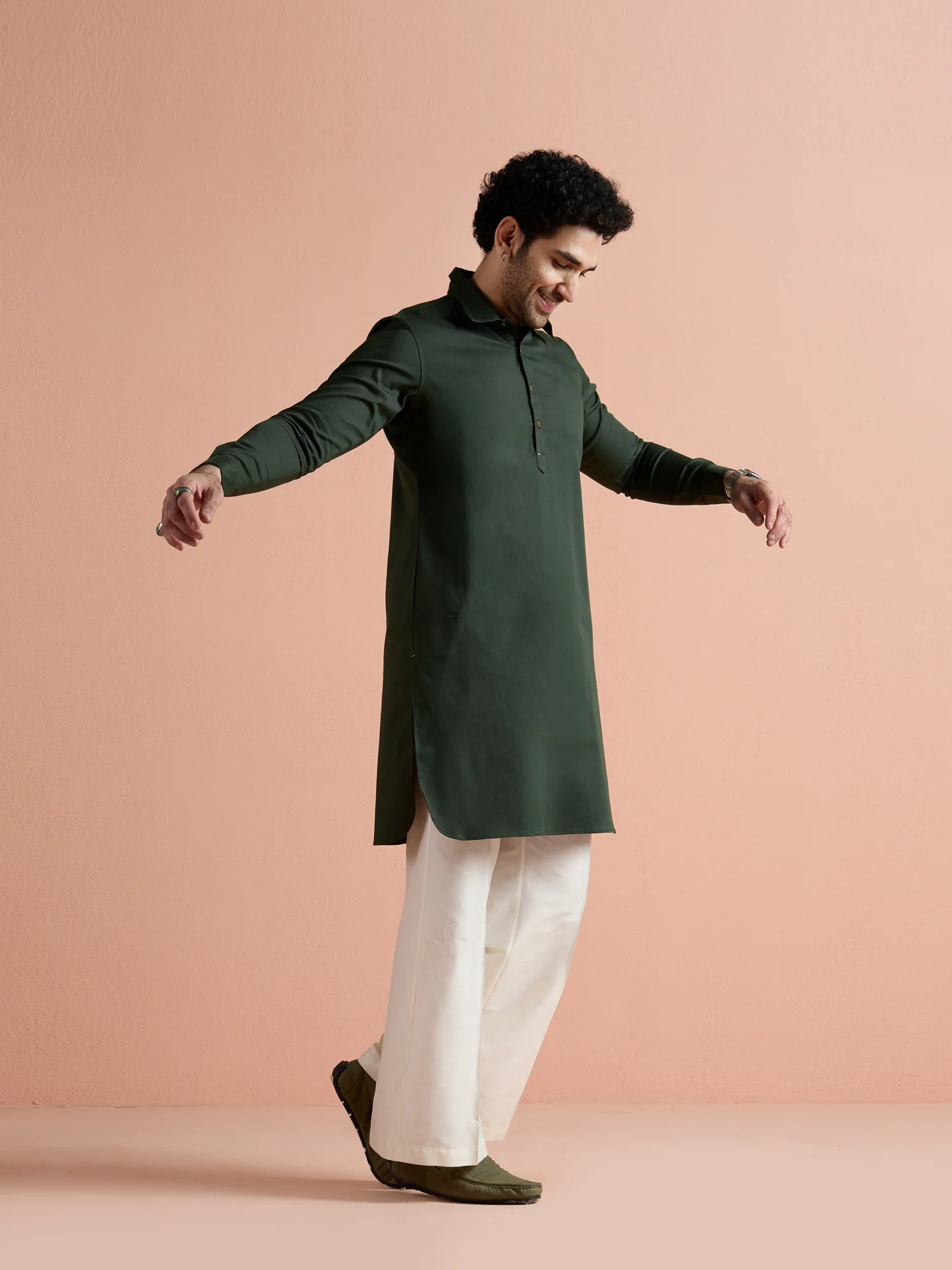 Olive Denim Solid Pathani Kurta Wide Leg Pant Set - Image 2