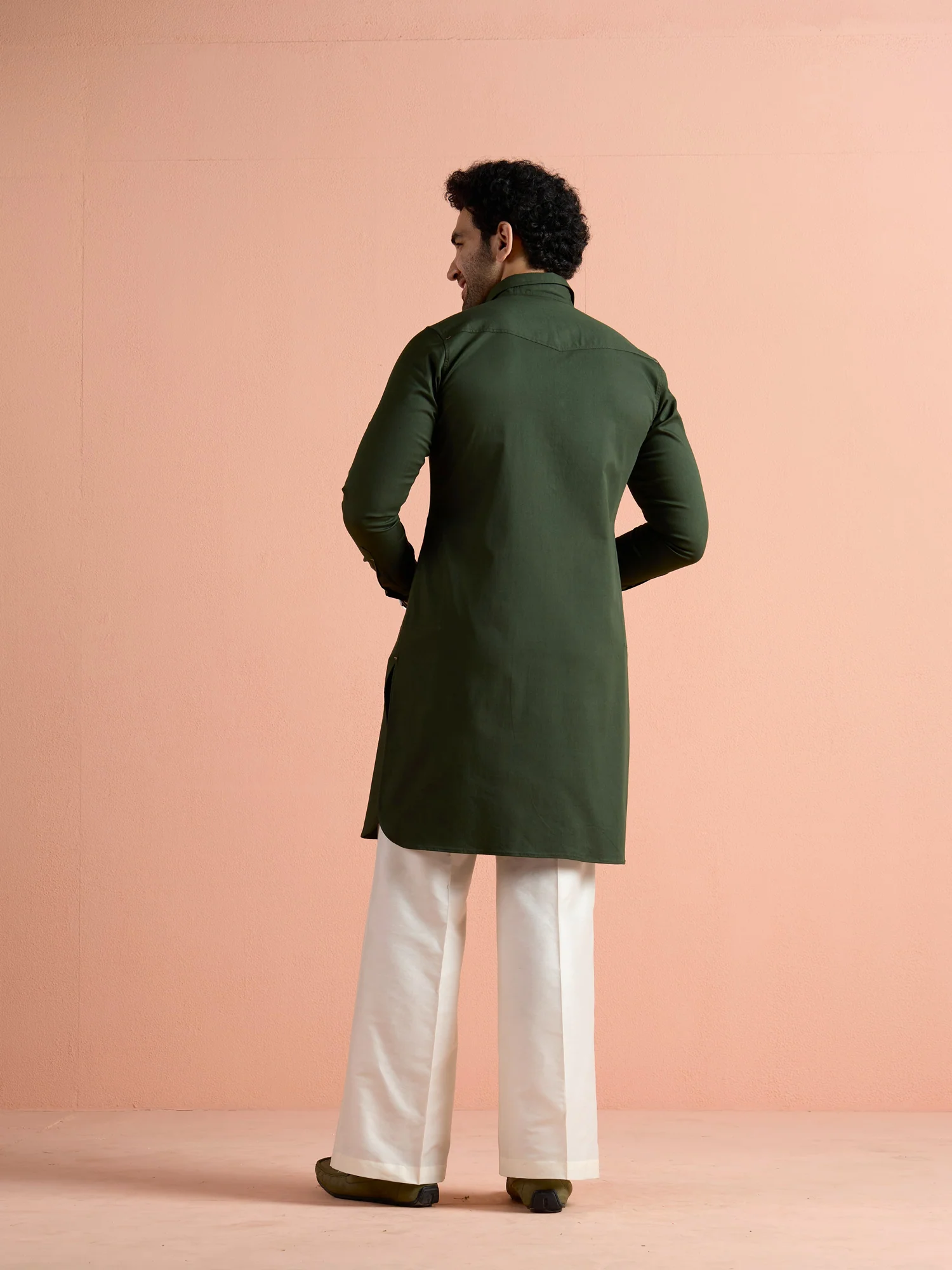 Olive Denim Solid Pathani Kurta Wide Leg Pant Set - Image 4