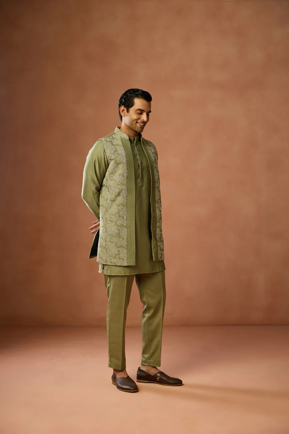 Olive Green Embroidered Long Jacket Kurta Trouser Set - Image 2