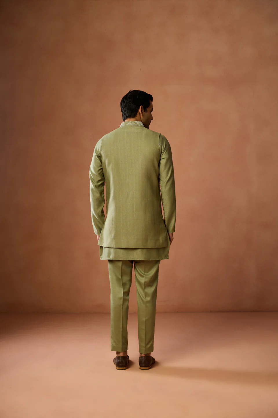 Olive Green Embroidered Long Jacket Kurta Trouser Set - Image 4