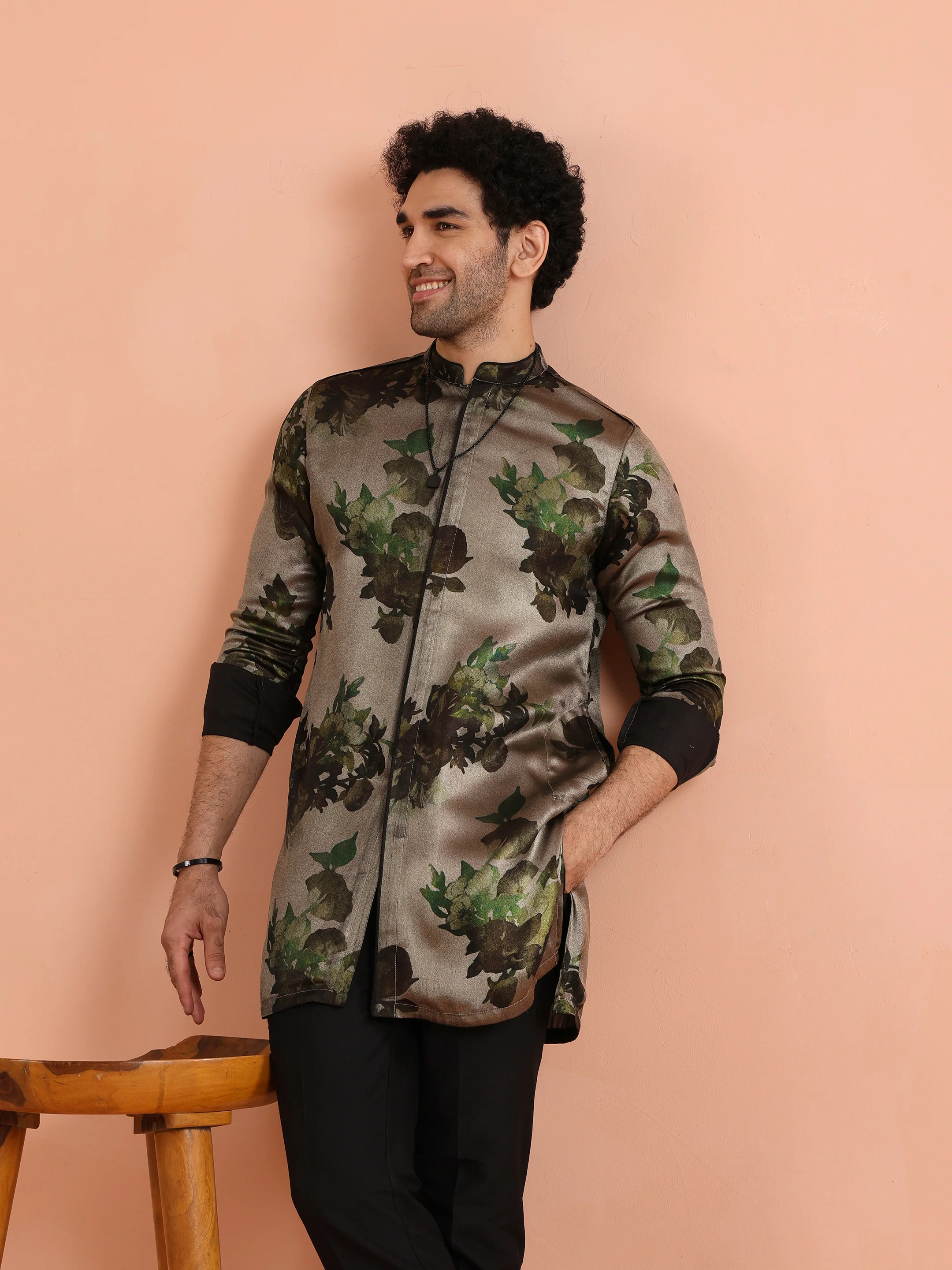 Olive Green Floral Silk Blend Kurta Set - Image 10