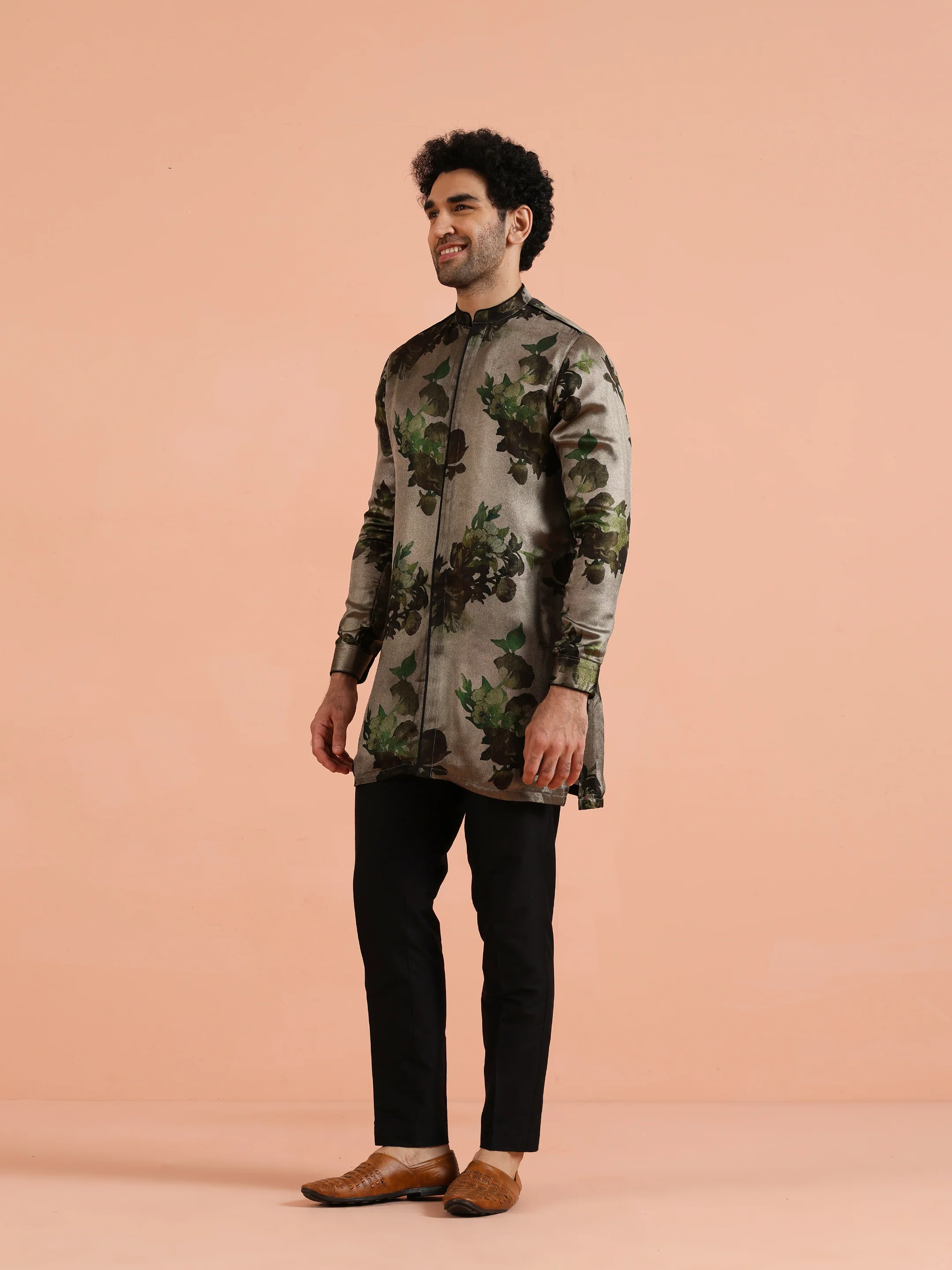Olive Green Floral Silk Blend Kurta Set - Image 3