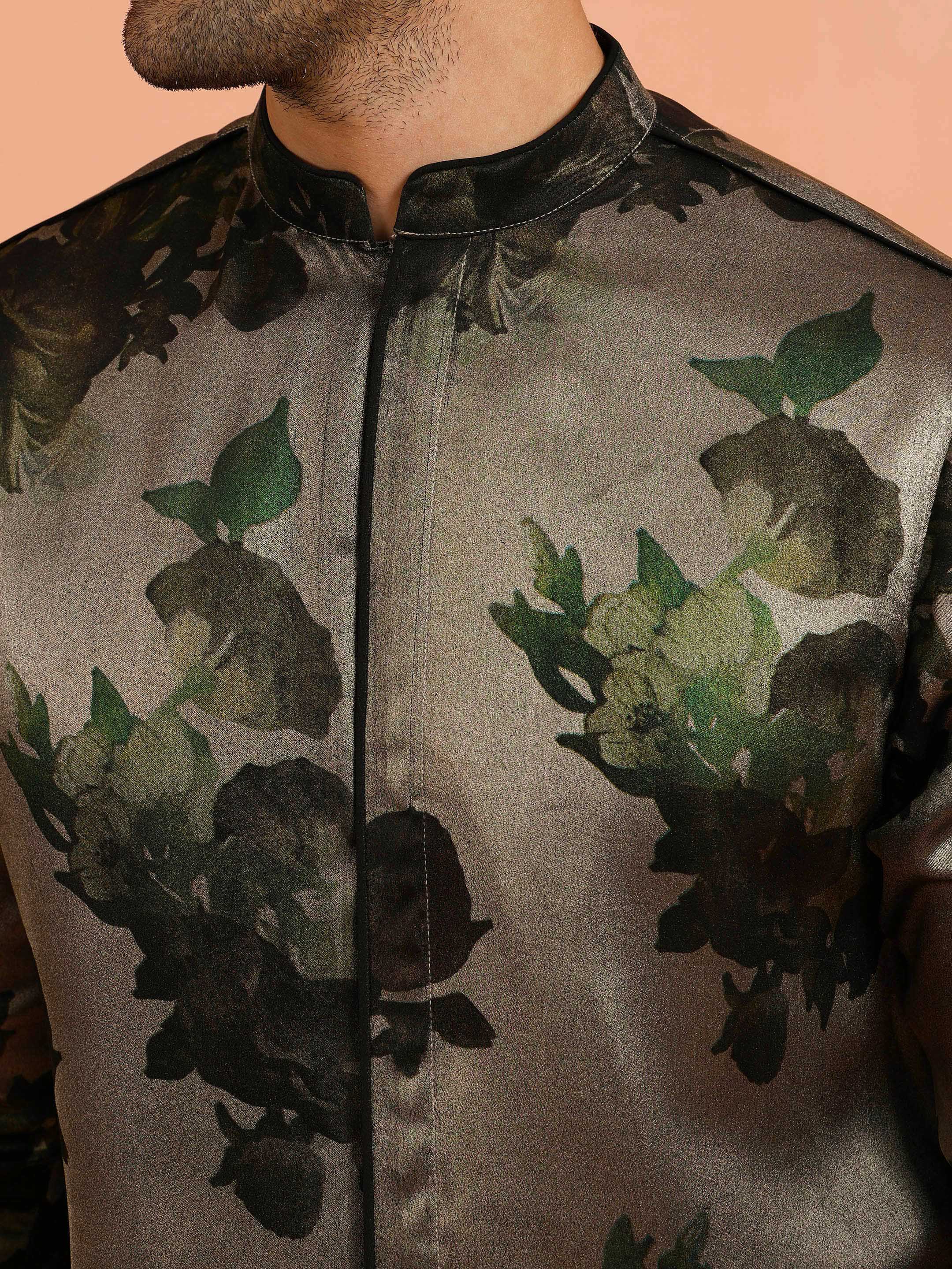 Olive Green Floral Silk Blend Kurta Set - Image 5