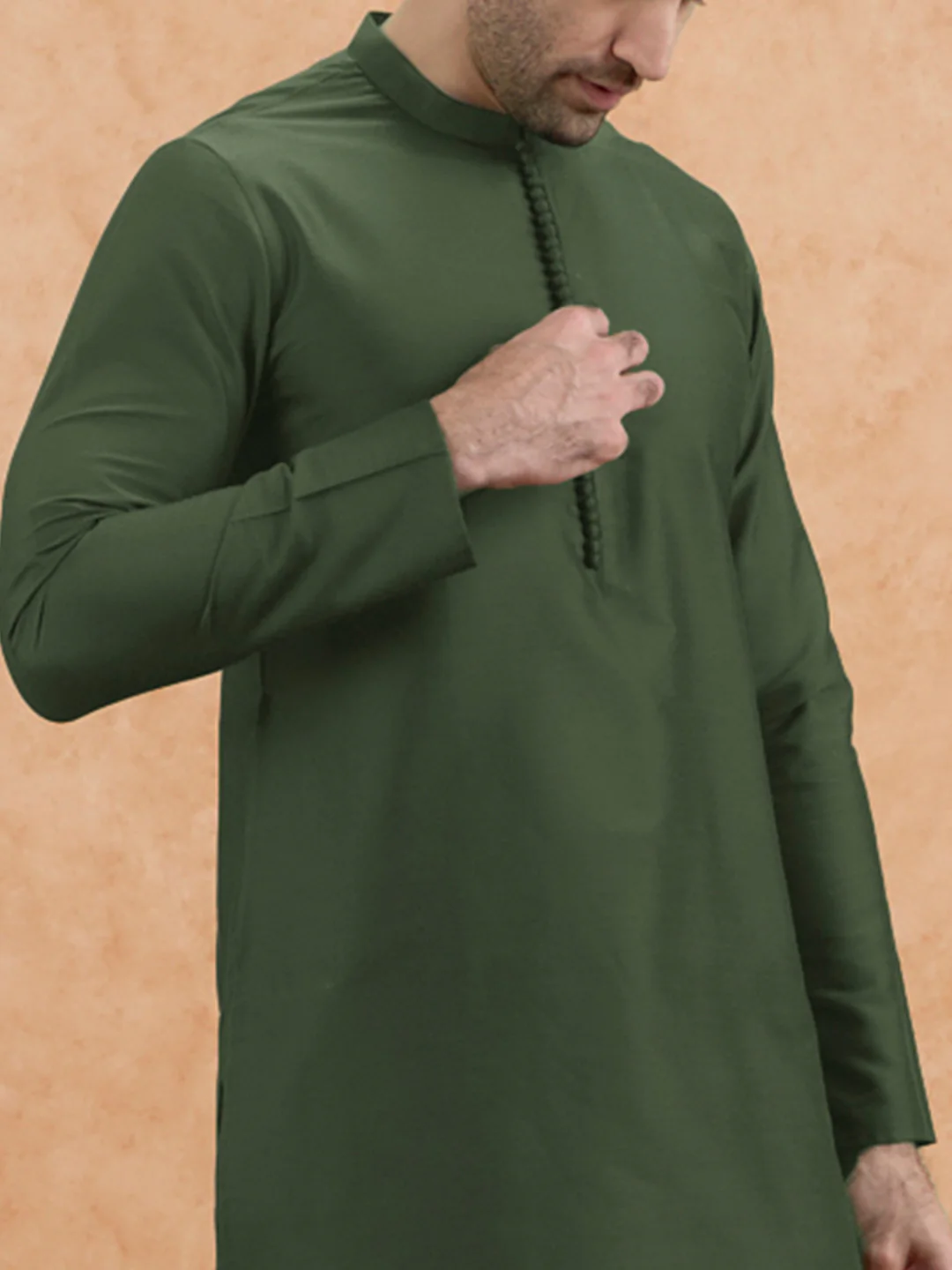 Olive Green Poly Silk Solid Mid Kurta - Image 5
