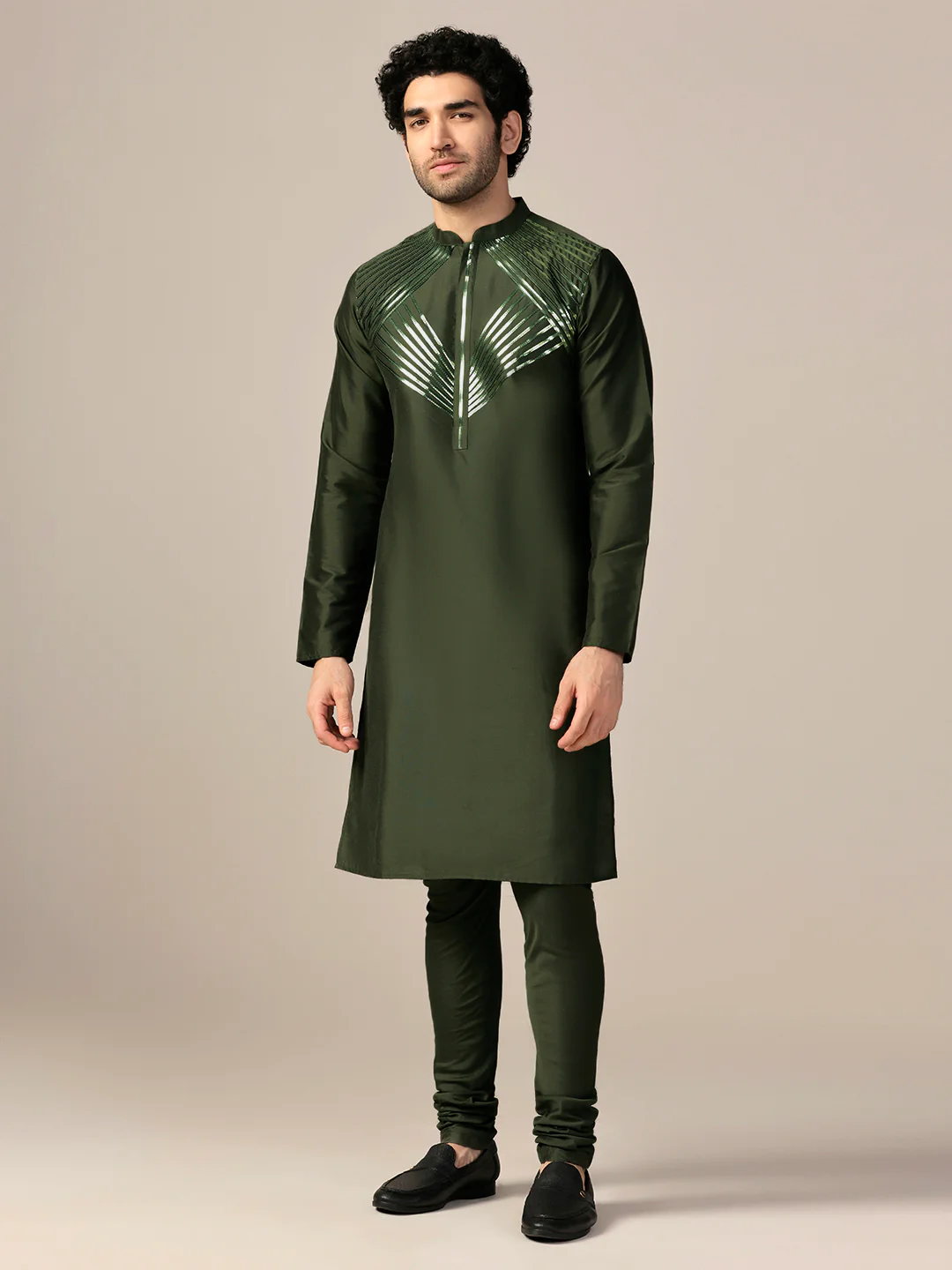 Olive Green Silk Blend Embellished Kurta - Image 2