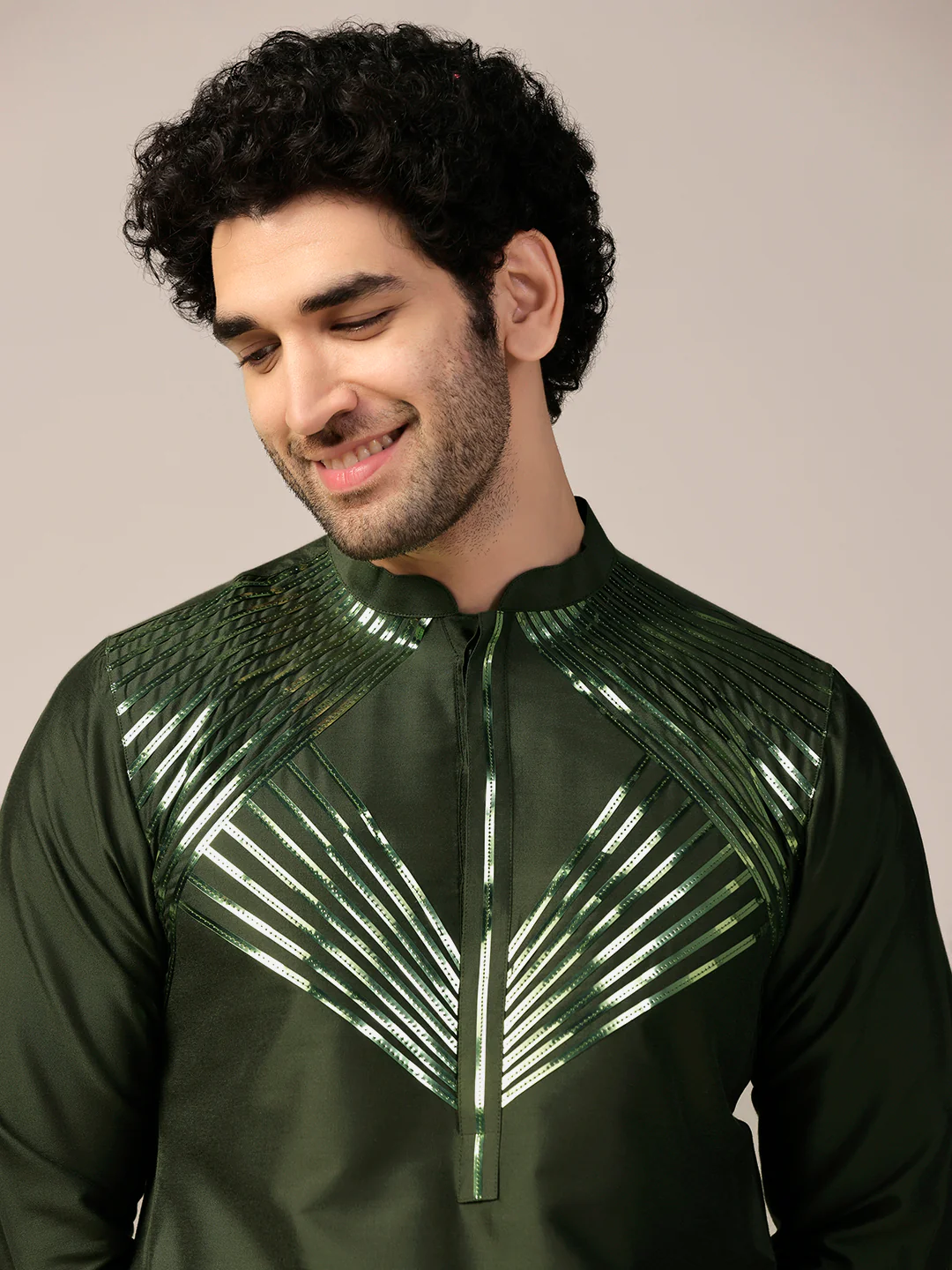Olive Green Silk Blend Embellished Kurta - Image 5