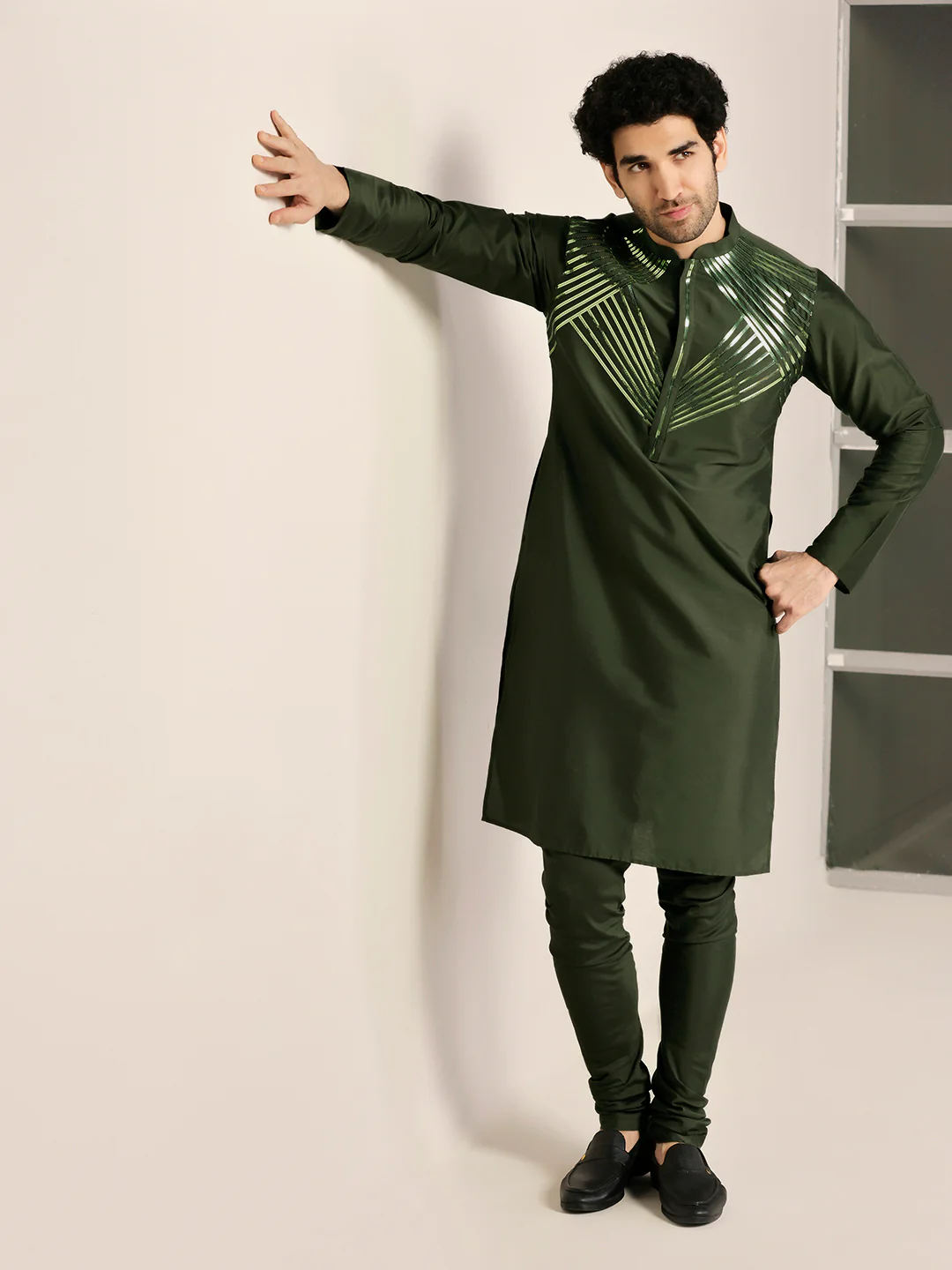 Olive Green Silk Blend Embellished Kurta - Image 6
