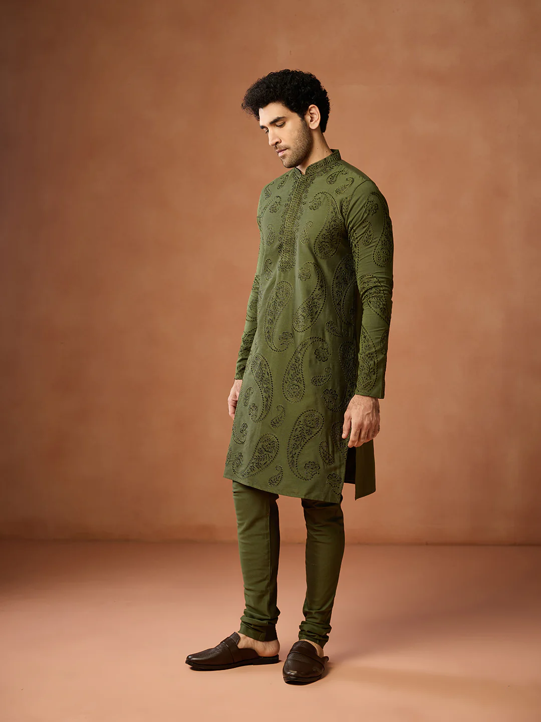 Olive Green Silk Blend Embroidered Kurta - Image 2