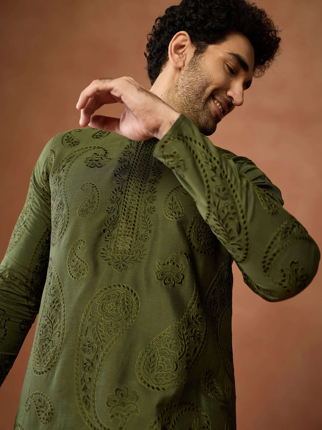 Olive Green Silk Blend Embroidered Kurta - Image 6