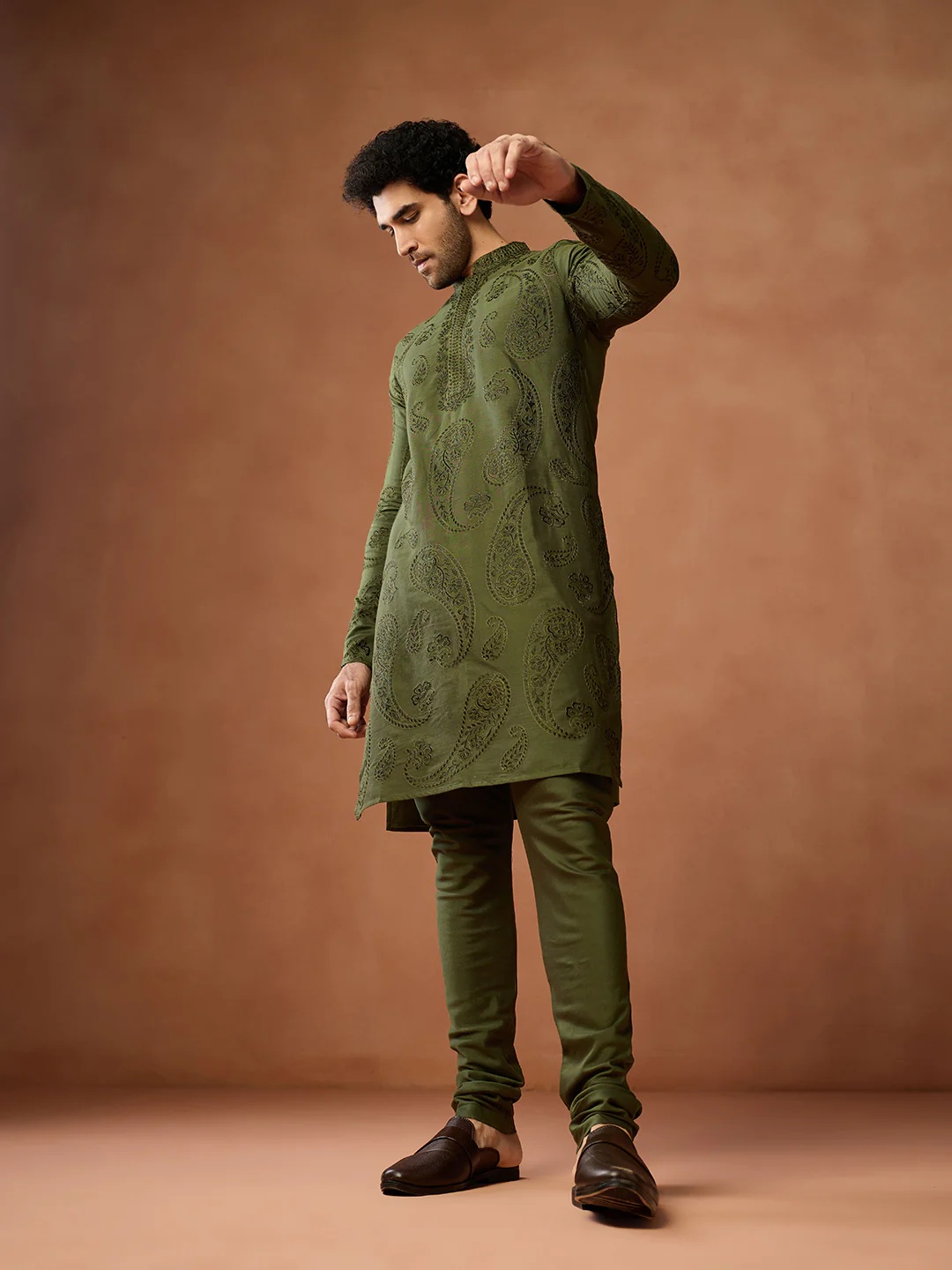 Olive Green Silk Blend Embroidered Kurta - Image 7