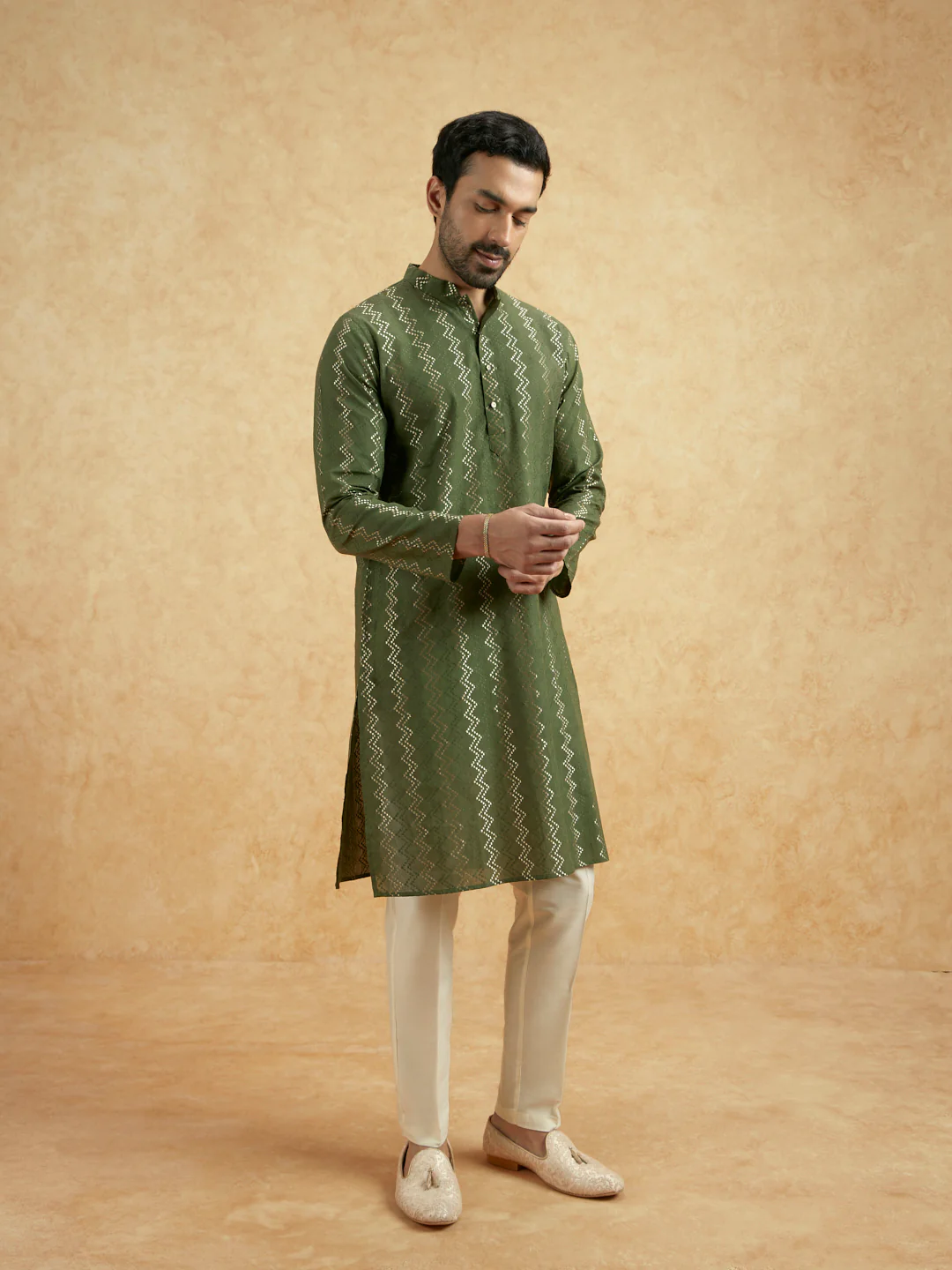 Olive Green Silk Blend Textured Long Kurta - Image 2