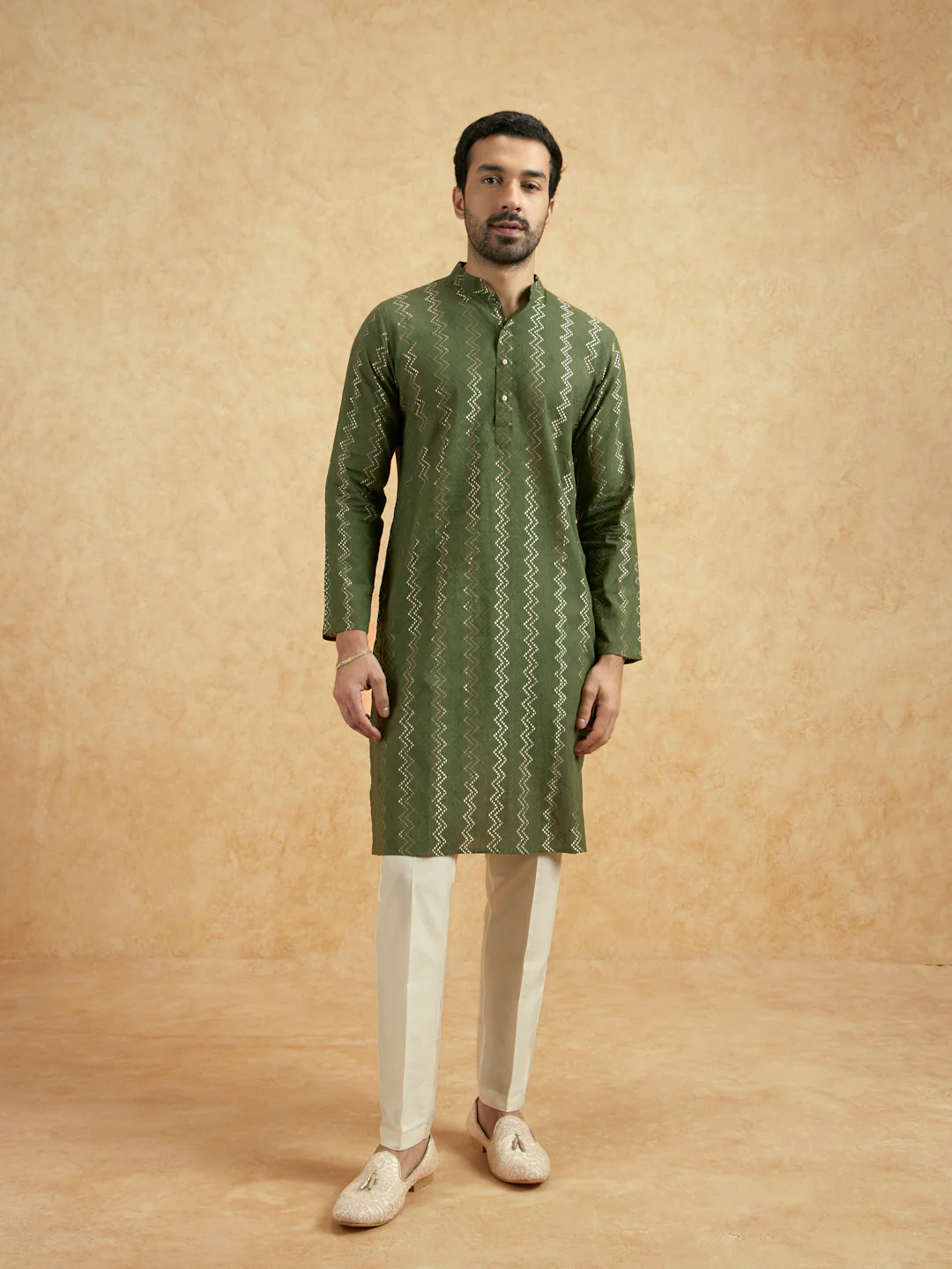 Olive Green Silk Blend Textured Long Kurta - Image 3