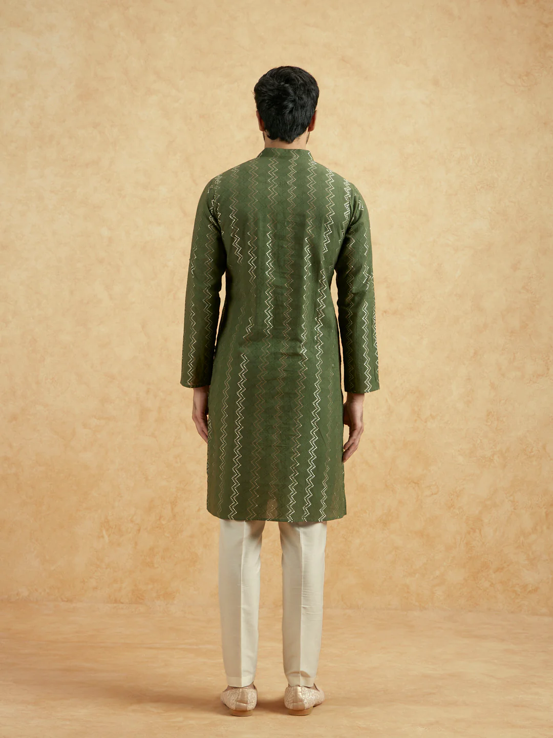 Olive Green Silk Blend Textured Long Kurta - Image 4
