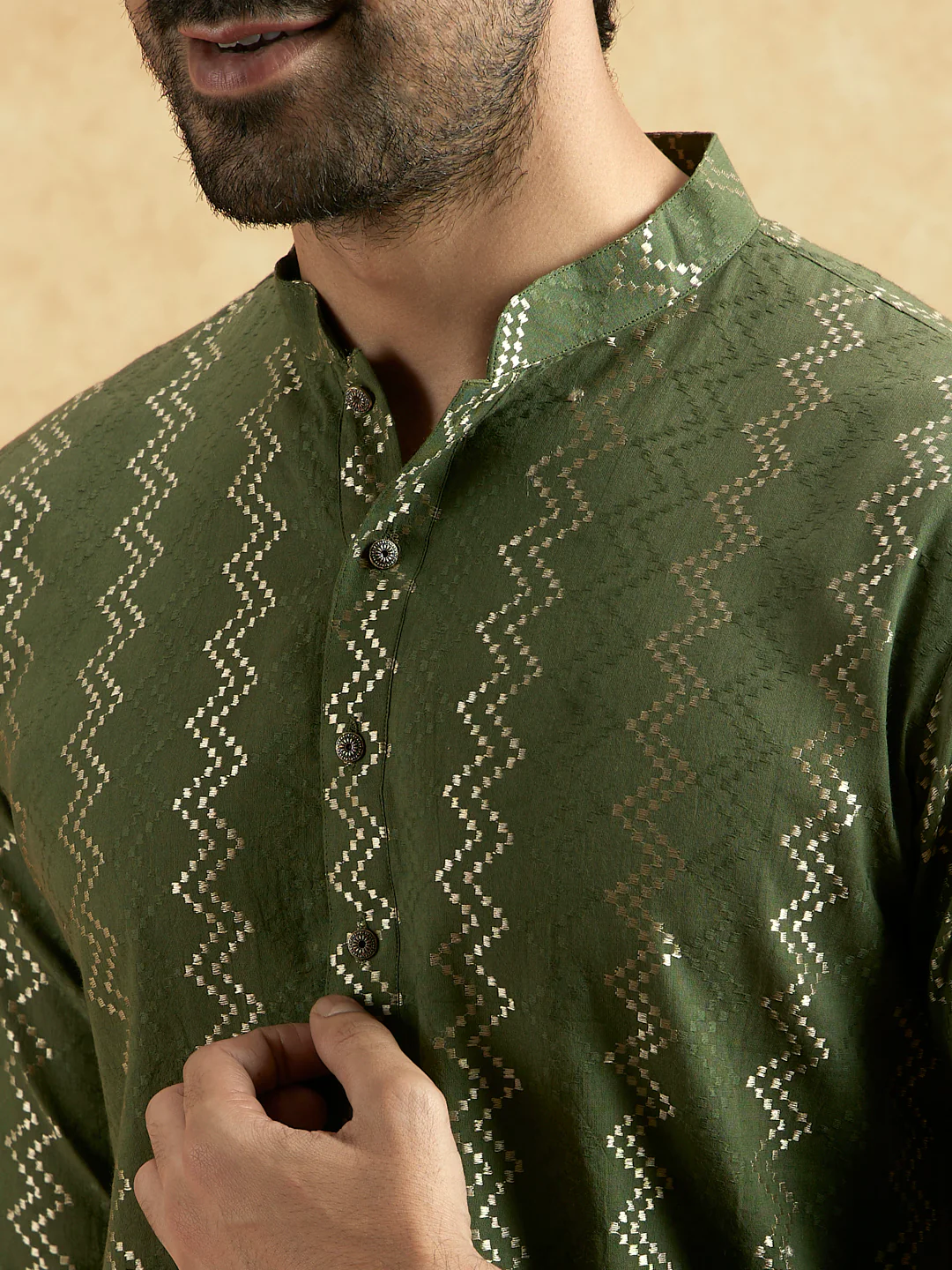 Olive Green Silk Blend Textured Long Kurta - Image 5