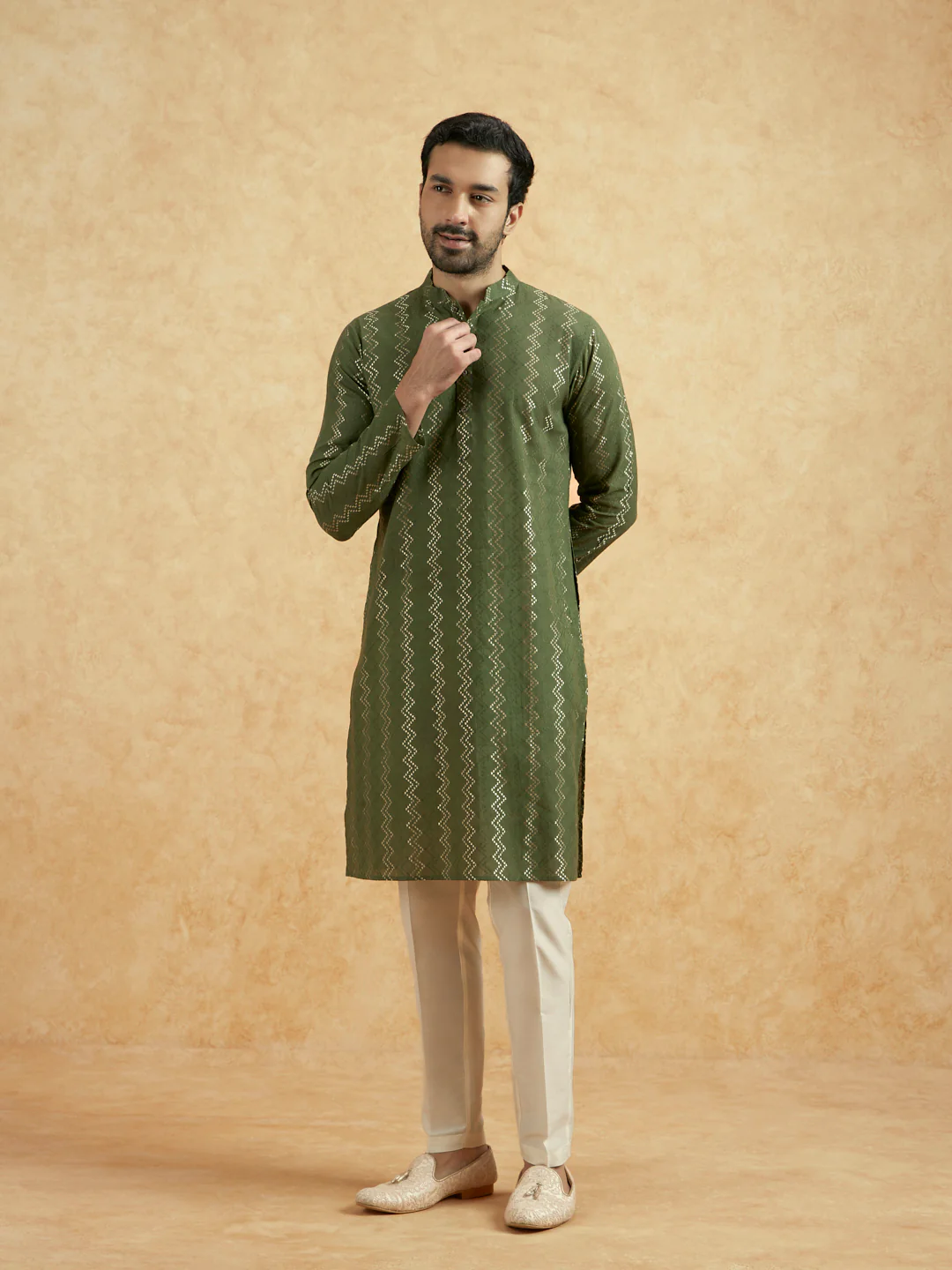 Olive Green Silk Blend Textured Long Kurta - Image 6