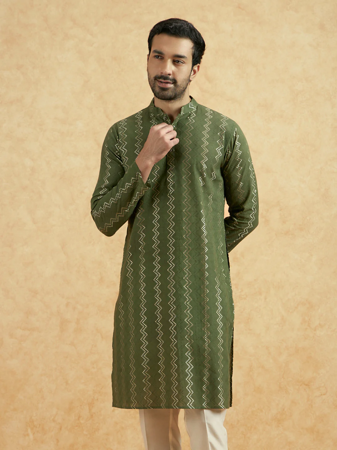 Olive Green Silk Blend Textured Long Kurta - Image 7