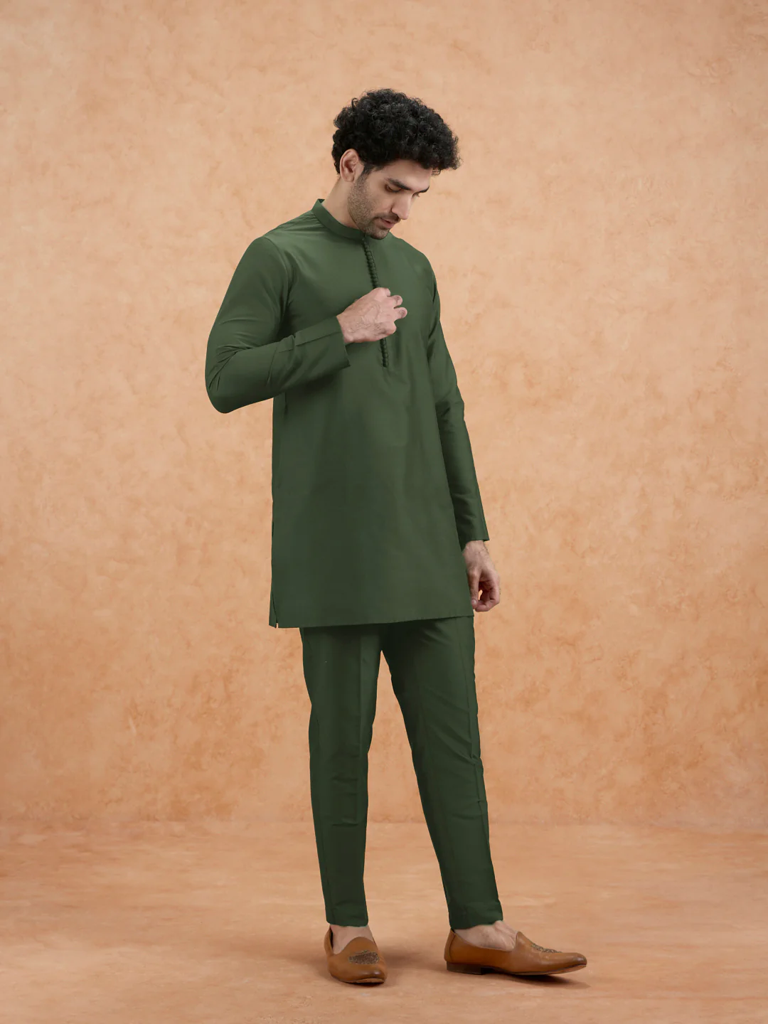 Olive Poly Silk Solid Kurta Trouser Set - Image 3