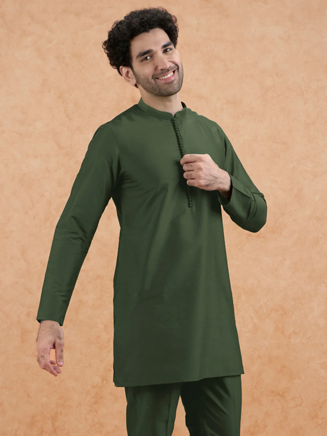 Olive Poly Silk Solid Kurta Trouser Set - Image 8