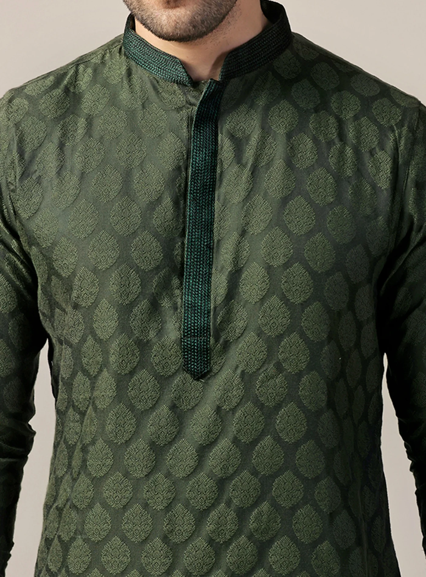 Olive Silk Blend Jacquard Kurta Churidar Set - Image 5
