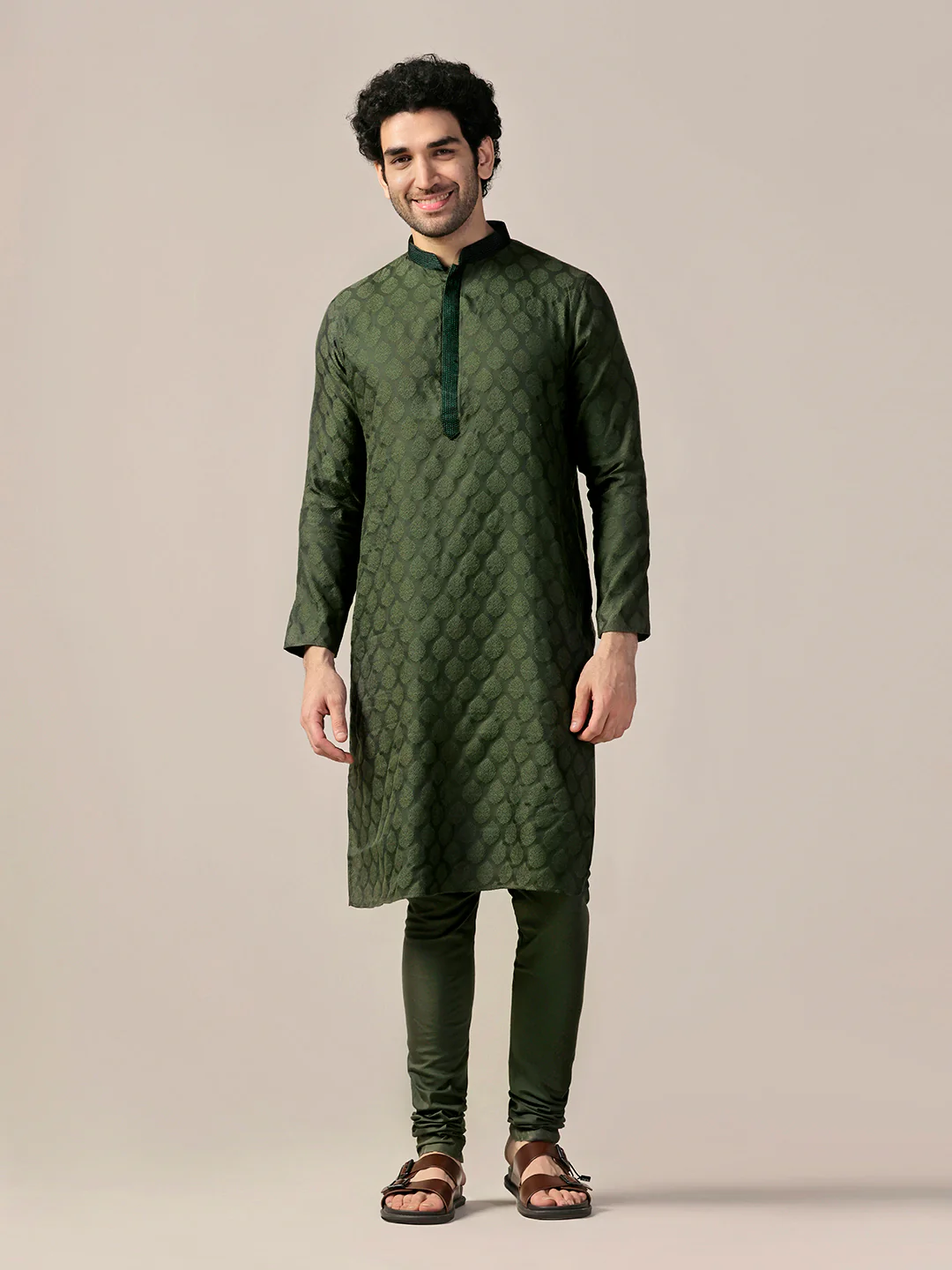 Olive Silk Blend Jacquard Kurta Churidar Set - Image 8