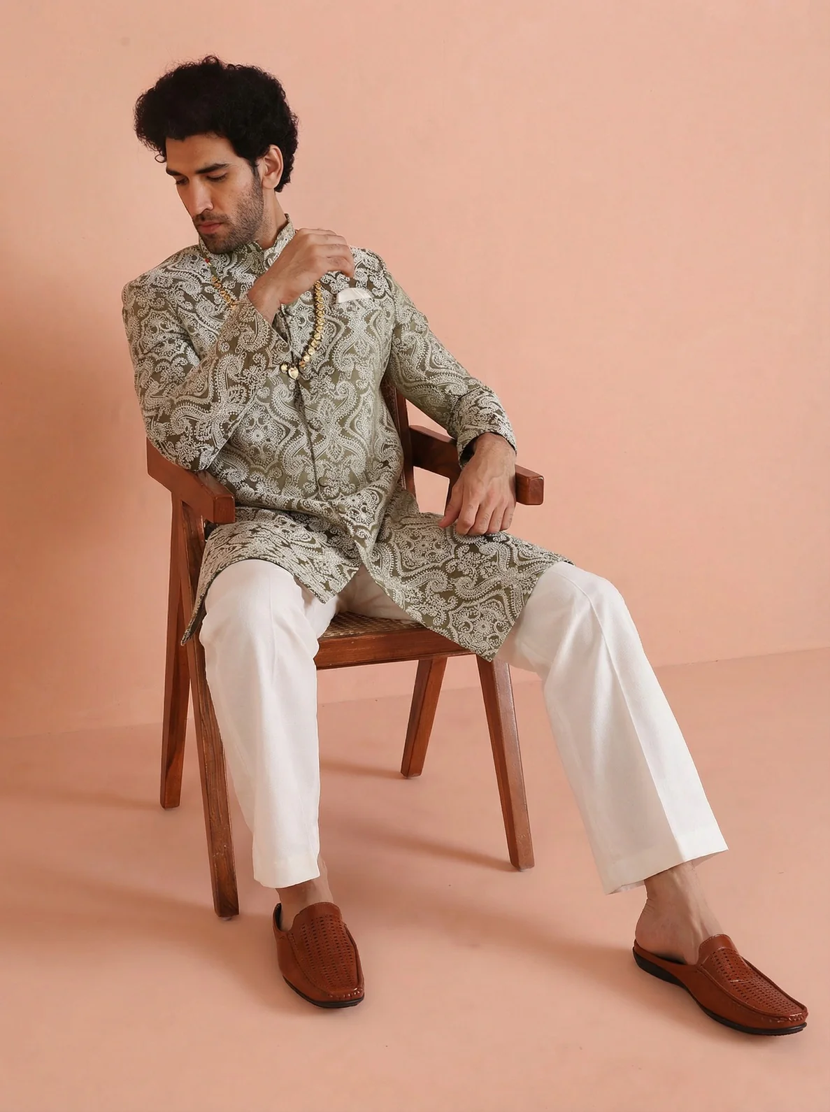 Olive Silk Blend Jacquard Sherwani Wide Leg Trouser Set