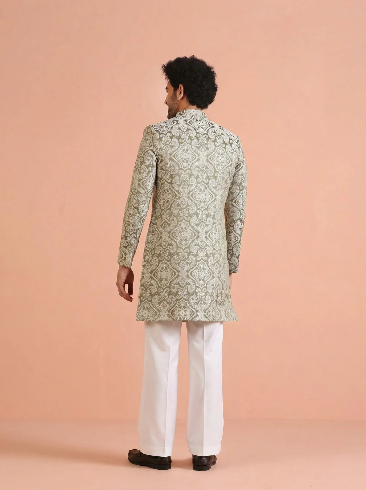 Olive Silk Blend Jacquard Sherwani Wide Leg Trouser Set - Image 3