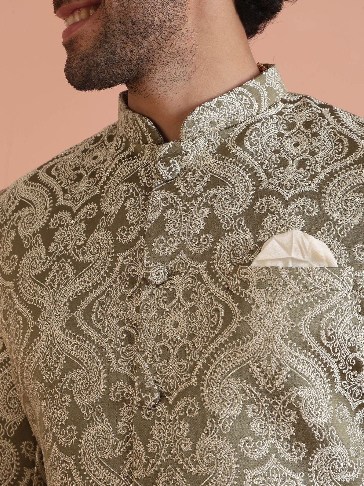 Olive Silk Blend Jacquard Sherwani Wide Leg Trouser Set - Image 4
