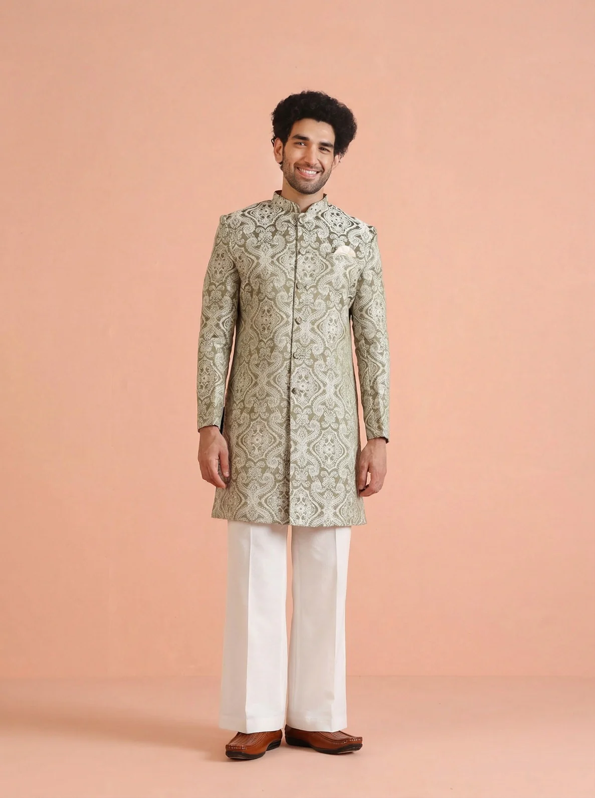 Olive Silk Blend Jacquard Sherwani Wide Leg Trouser Set - Image 6