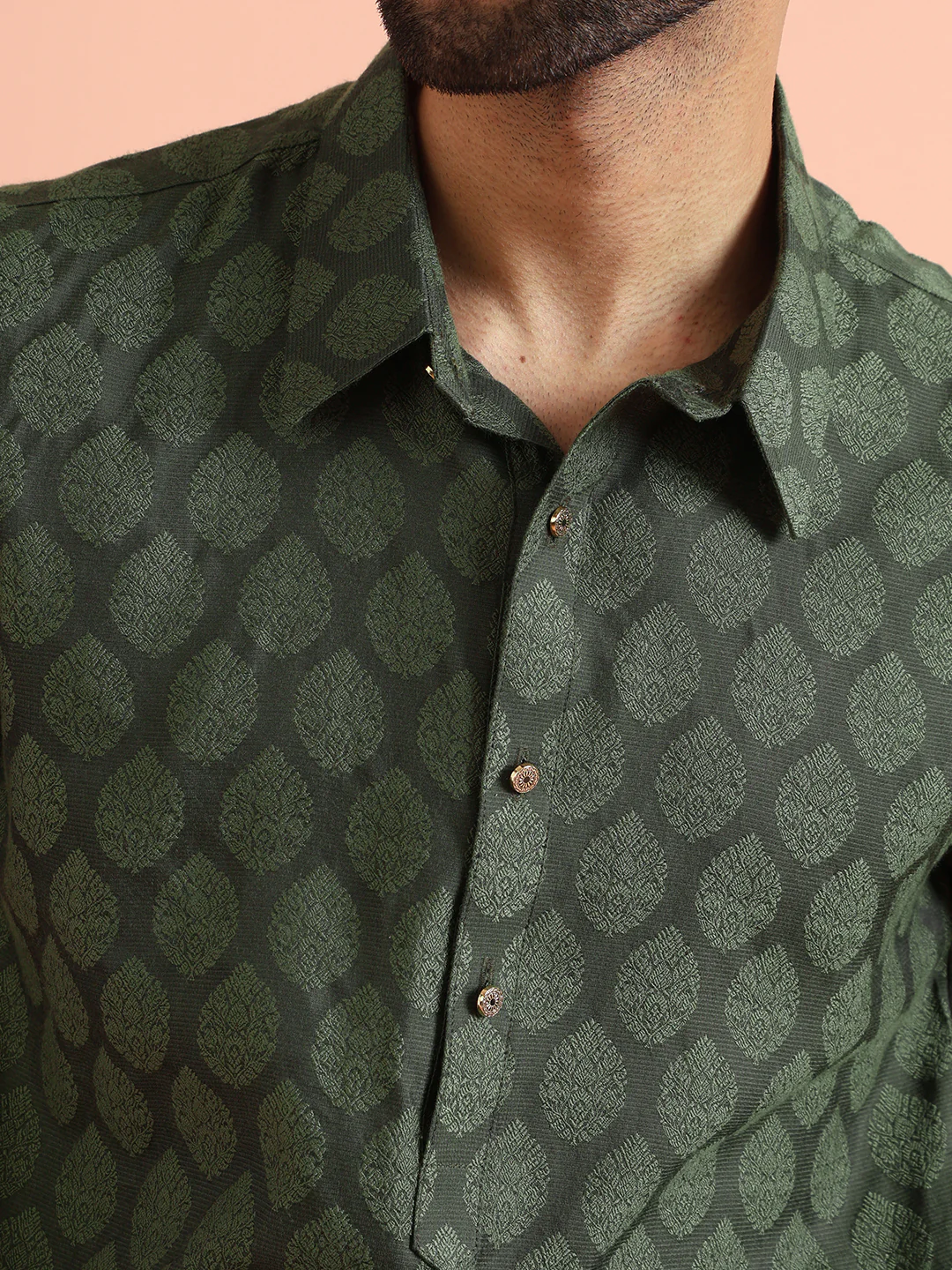 Green Silk Blend Self Design Pathani Kurta Patiyala Set - Image 5