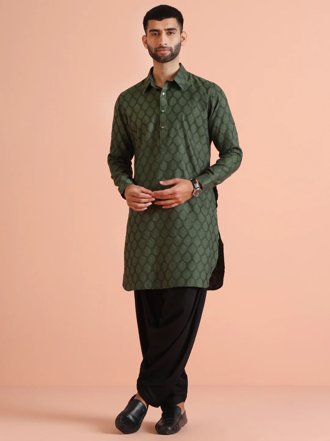 Green Silk Blend Self Design Pathani Kurta Patiyala Set - Image 8