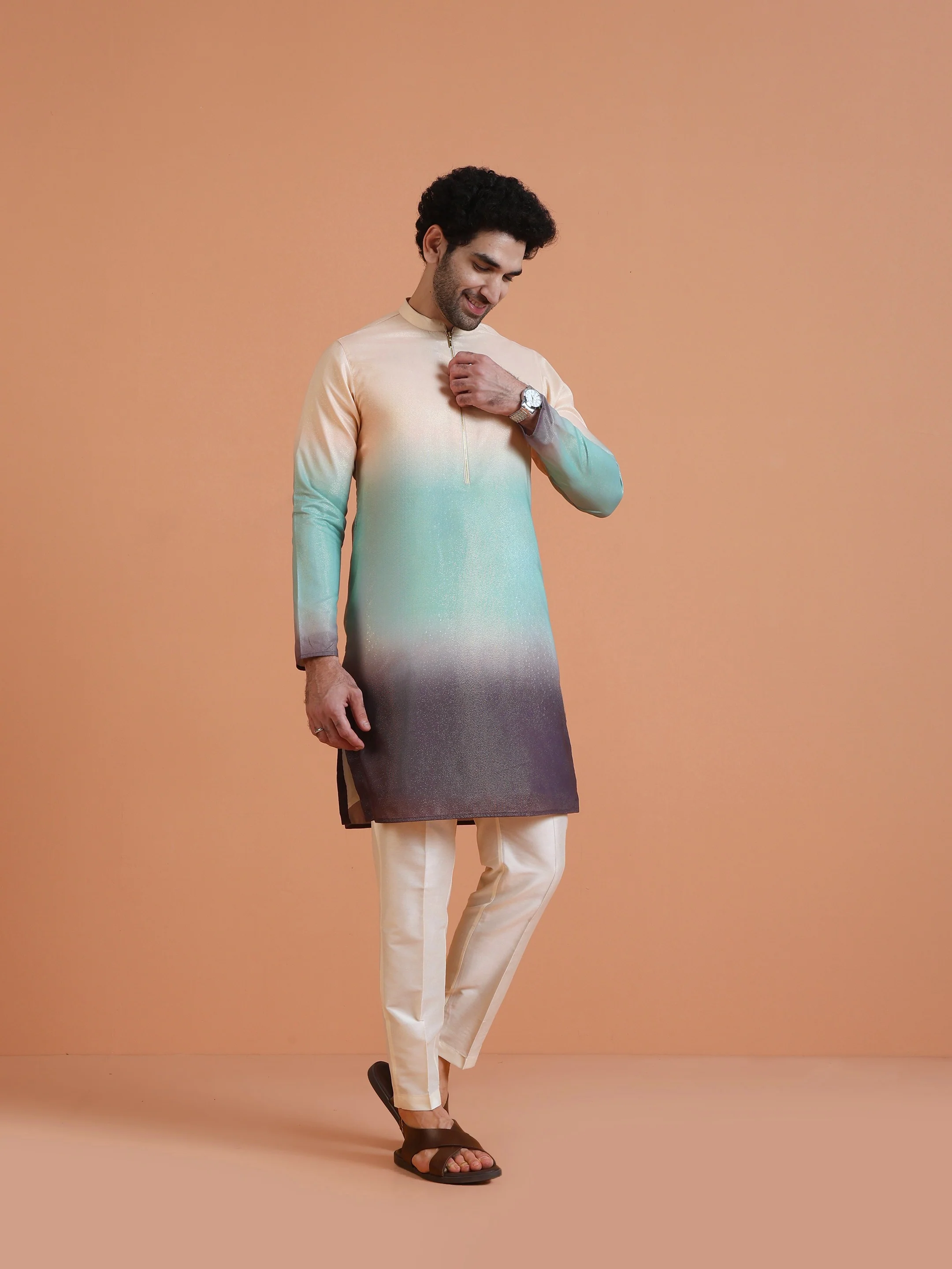 Ombre Cotton Silk Zipped Kurta - Image 3