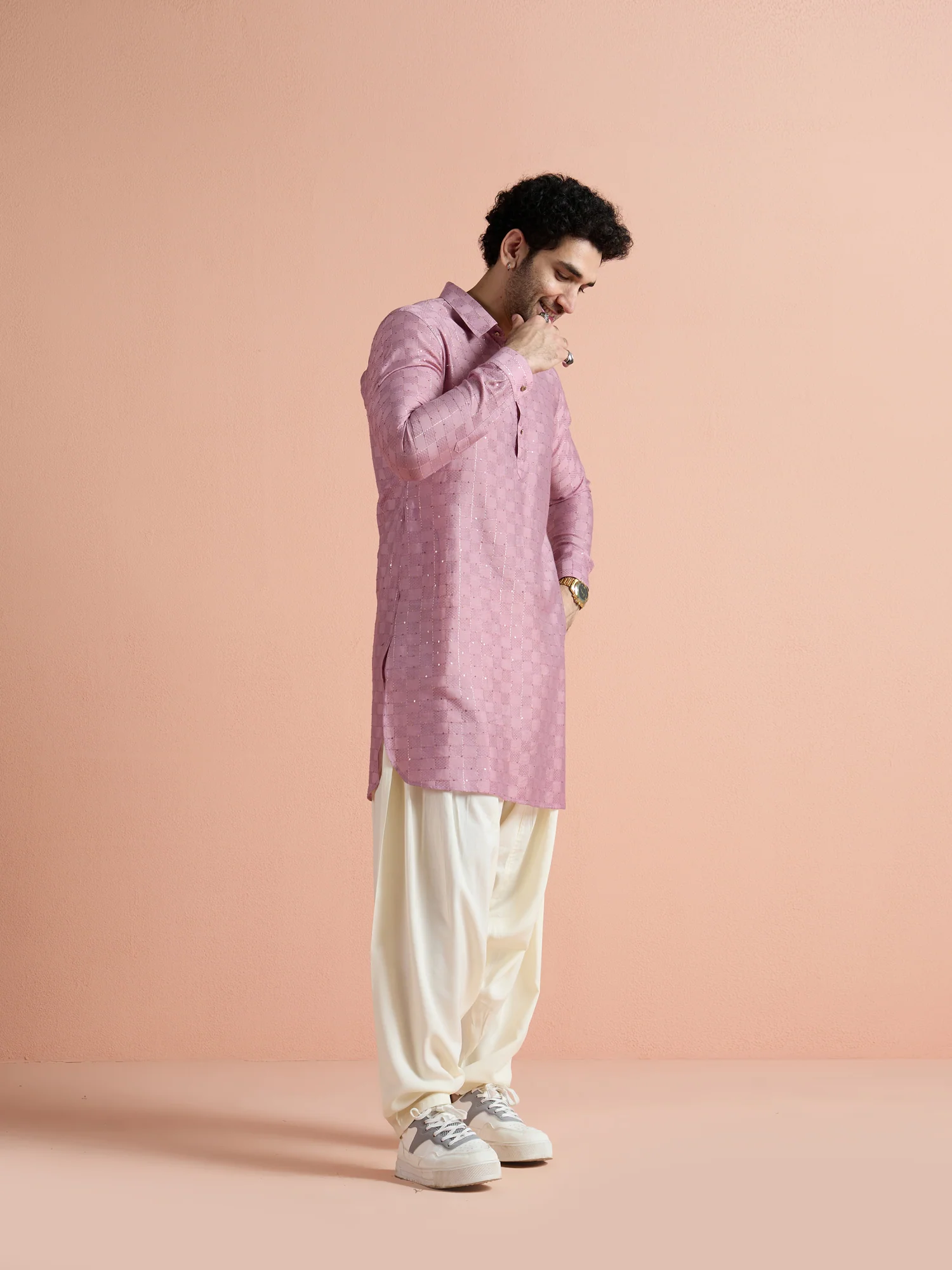 Onion Pink Viscose Embellished Pathani Kurta - Image 3