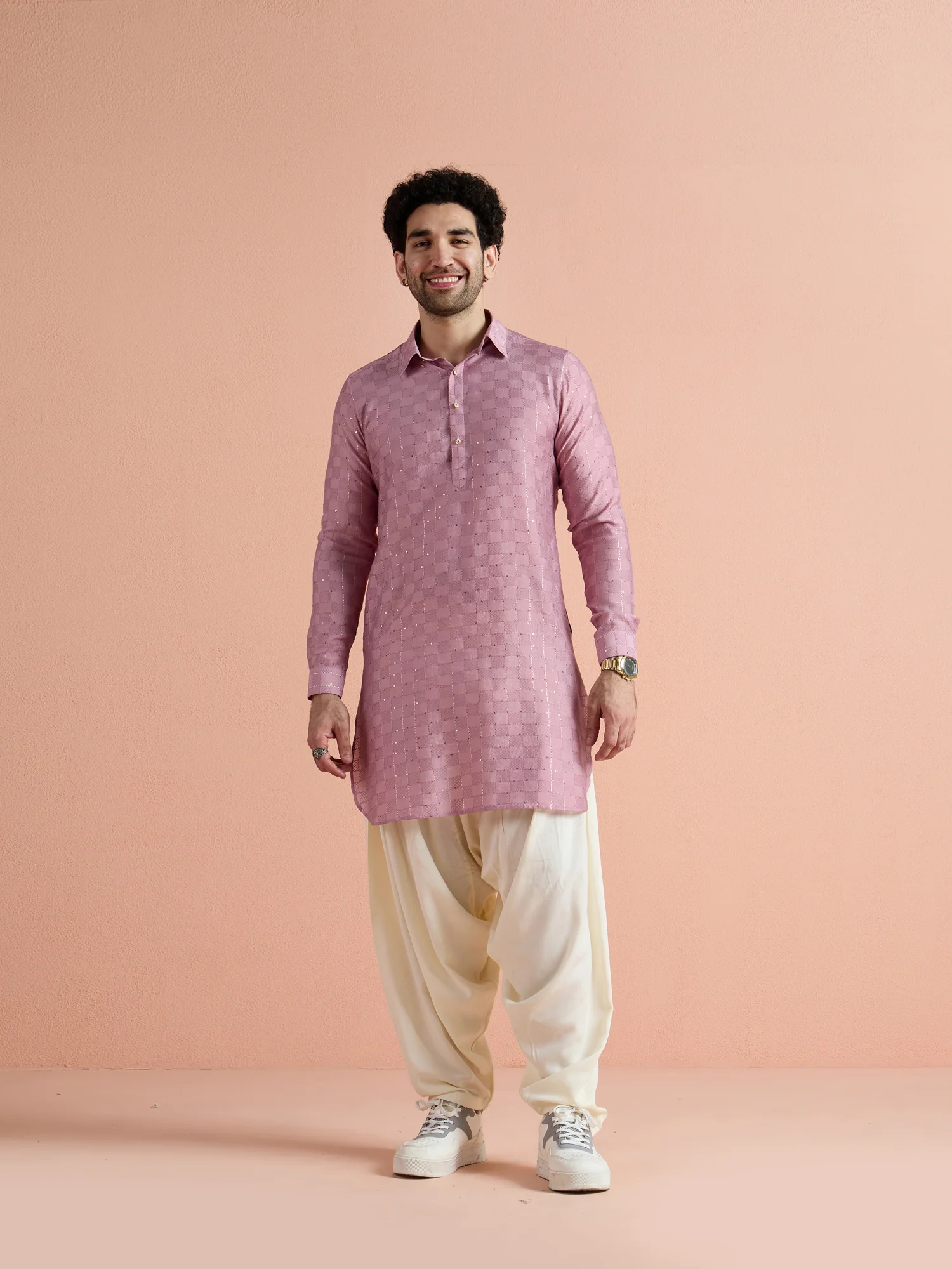 Onion Pink Viscose Embellished Pathani Kurta - Image 4