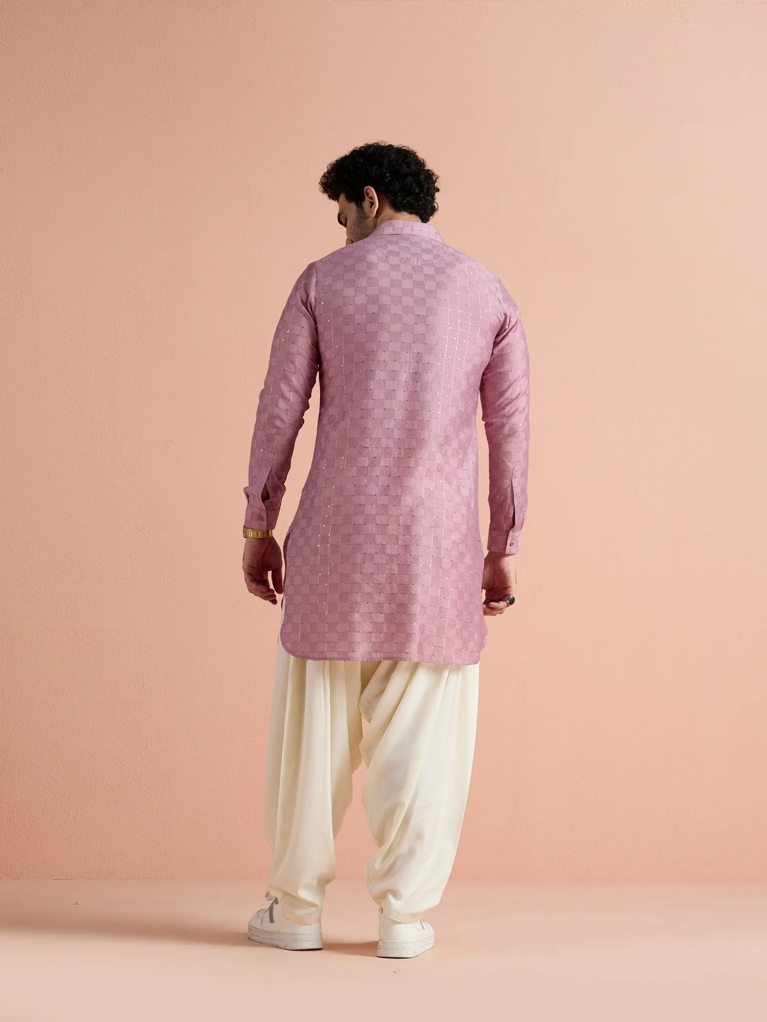 Onion Pink Viscose Embellished Pathani Kurta - Image 5
