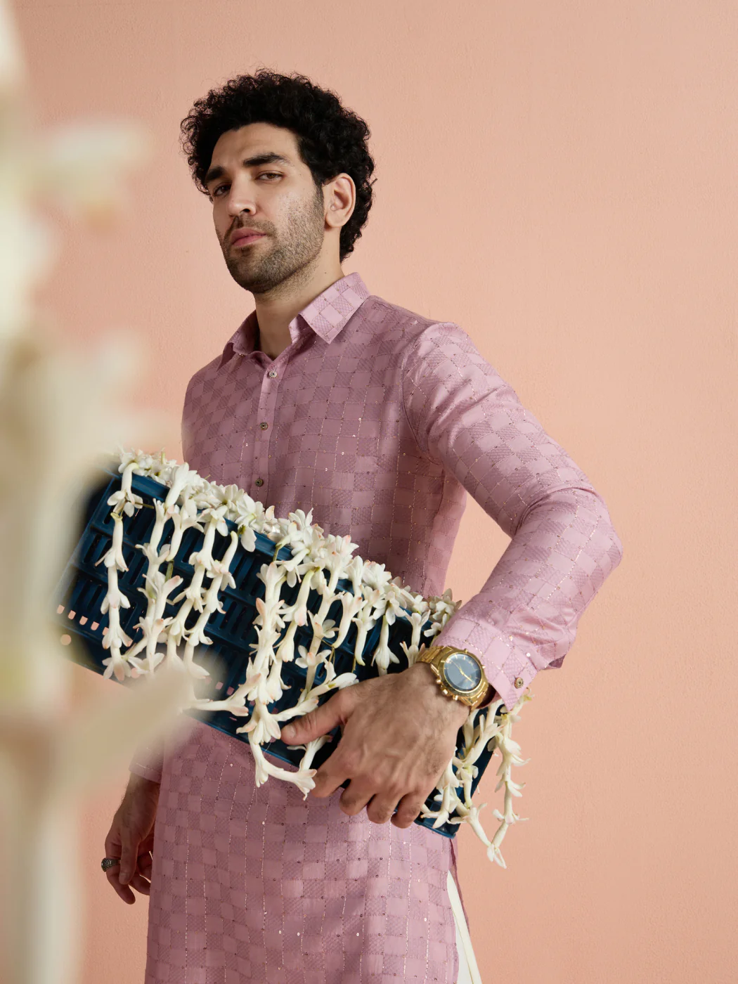 Onion Pink Viscose Embellished Pathani Kurta - Image 9