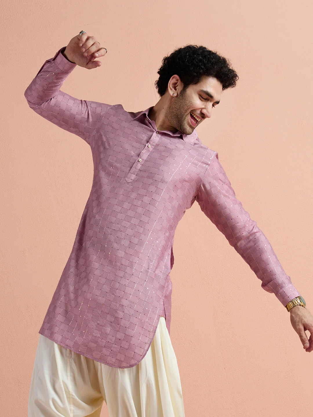 Onion Pink Viscose Embellished Pathani Kurta Patiyala Set - Image 11
