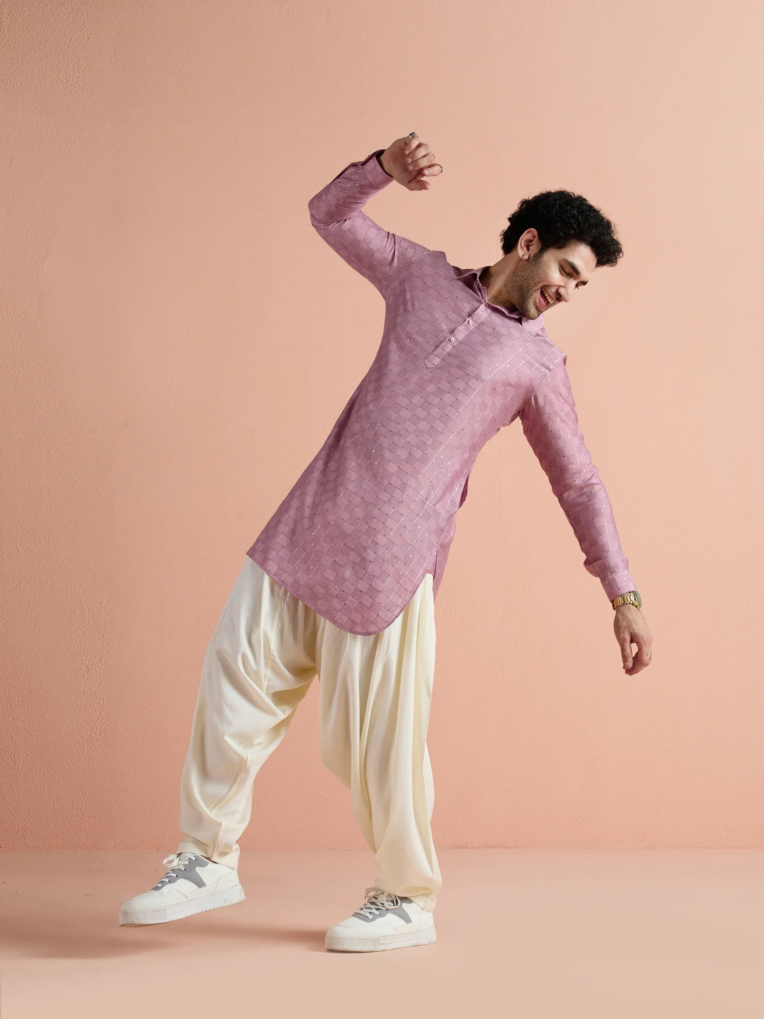 Onion Pink Viscose Embellished Pathani Kurta Patiyala Set - Image 2