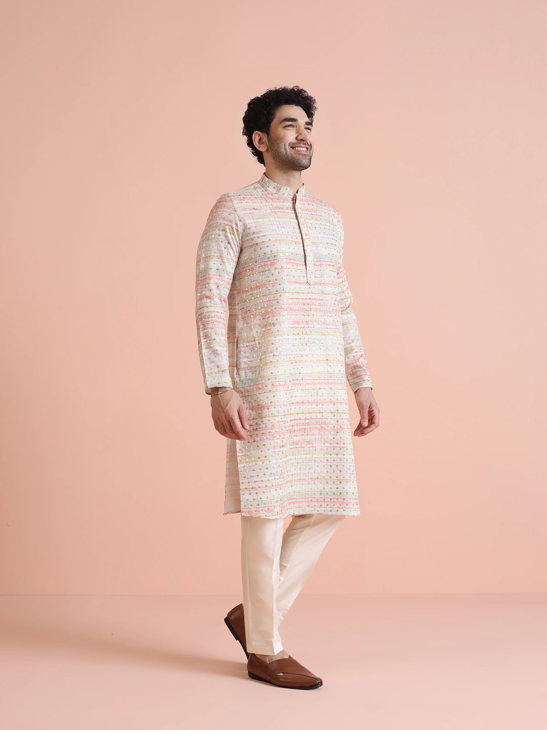 Pastel Cotton Blend Embellished Kurta Trouser Set - Image 3