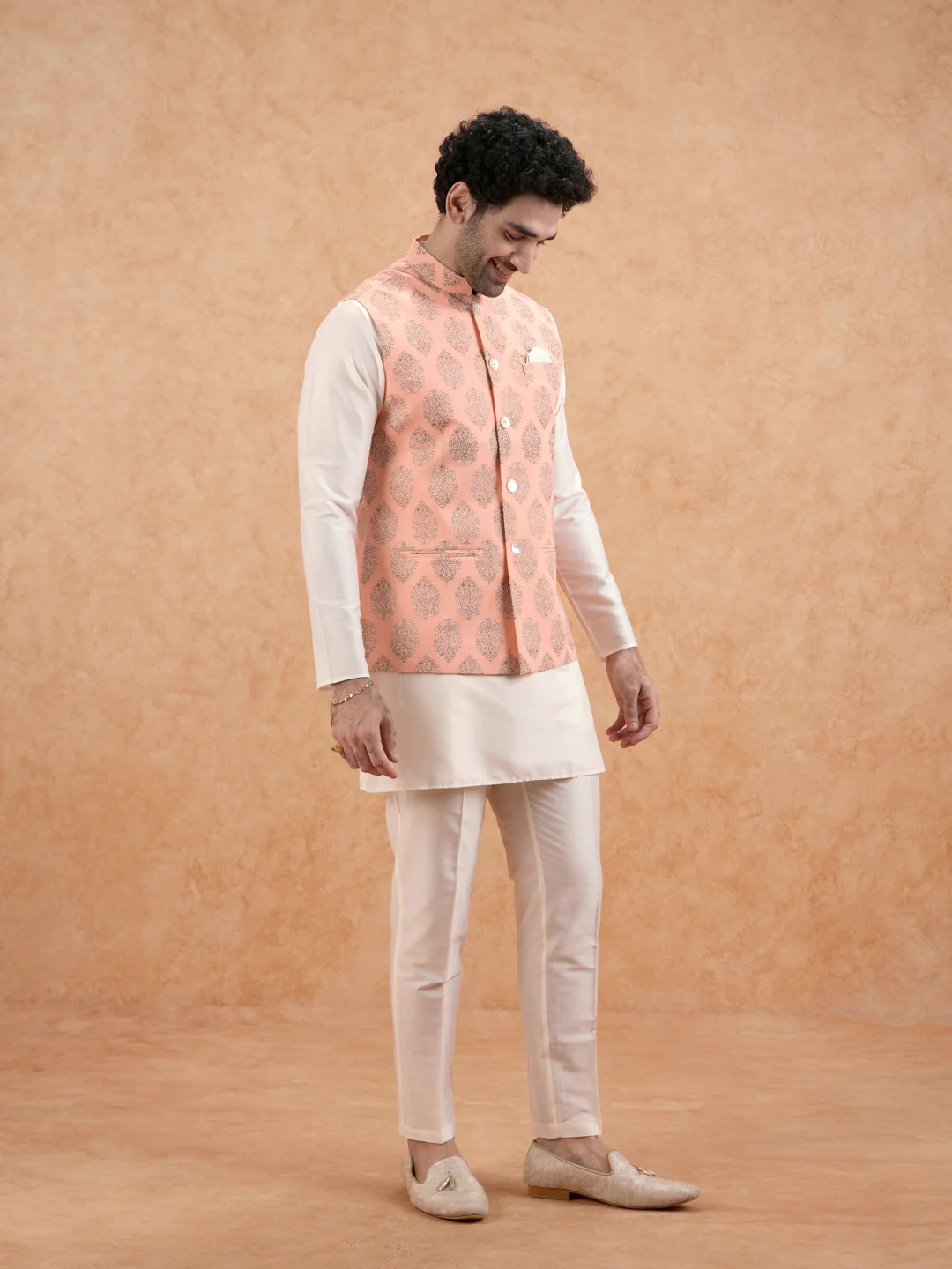 Peach Brocade Jacket Kurta Set - Image 2