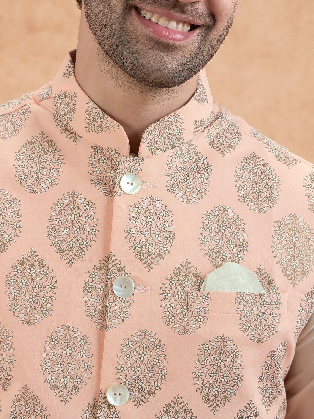 Peach Brocade Jacket Kurta Set - Image 5