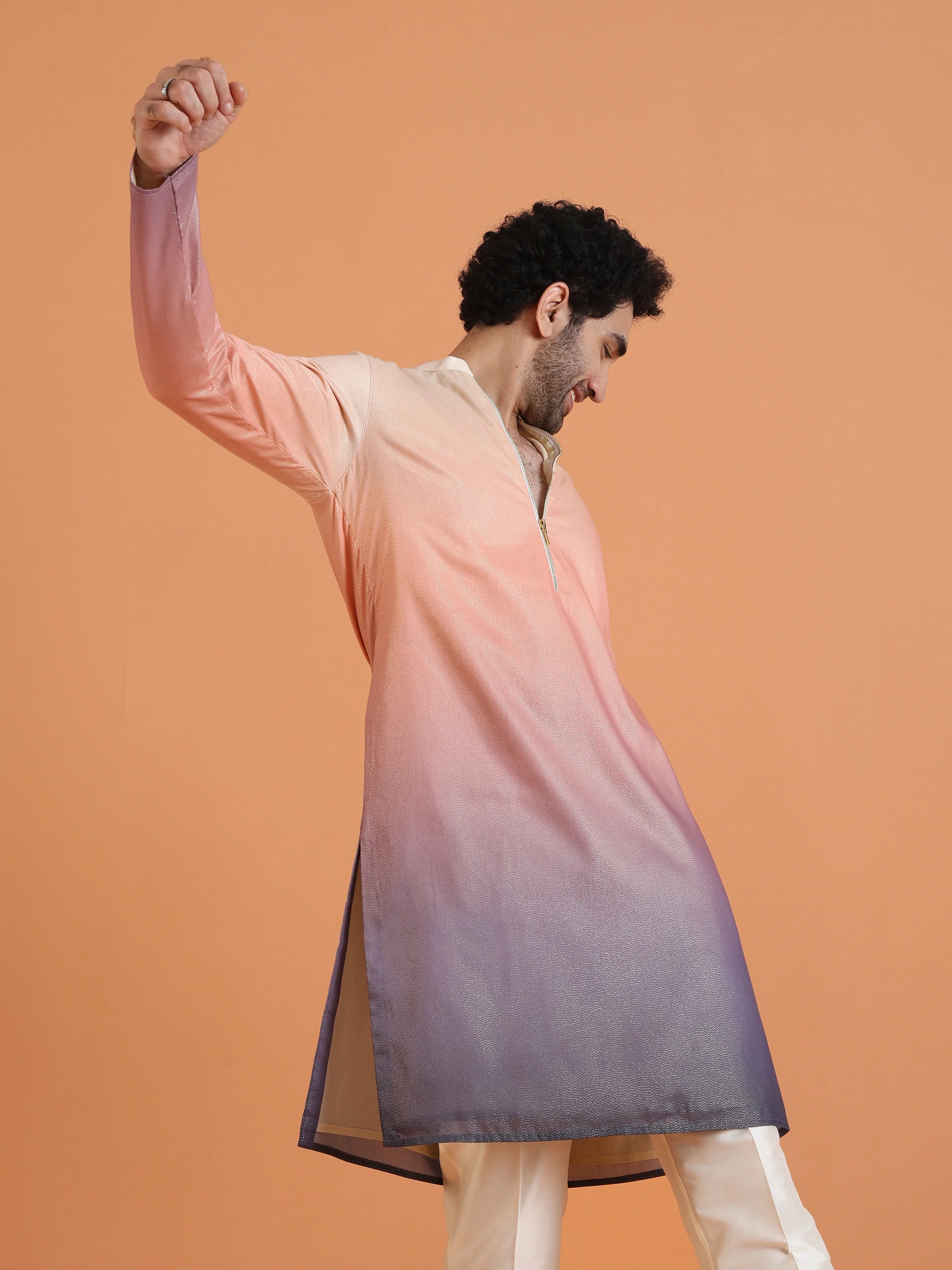 Peach Ombre Cotton Silk Zipped Kurta - Image 8