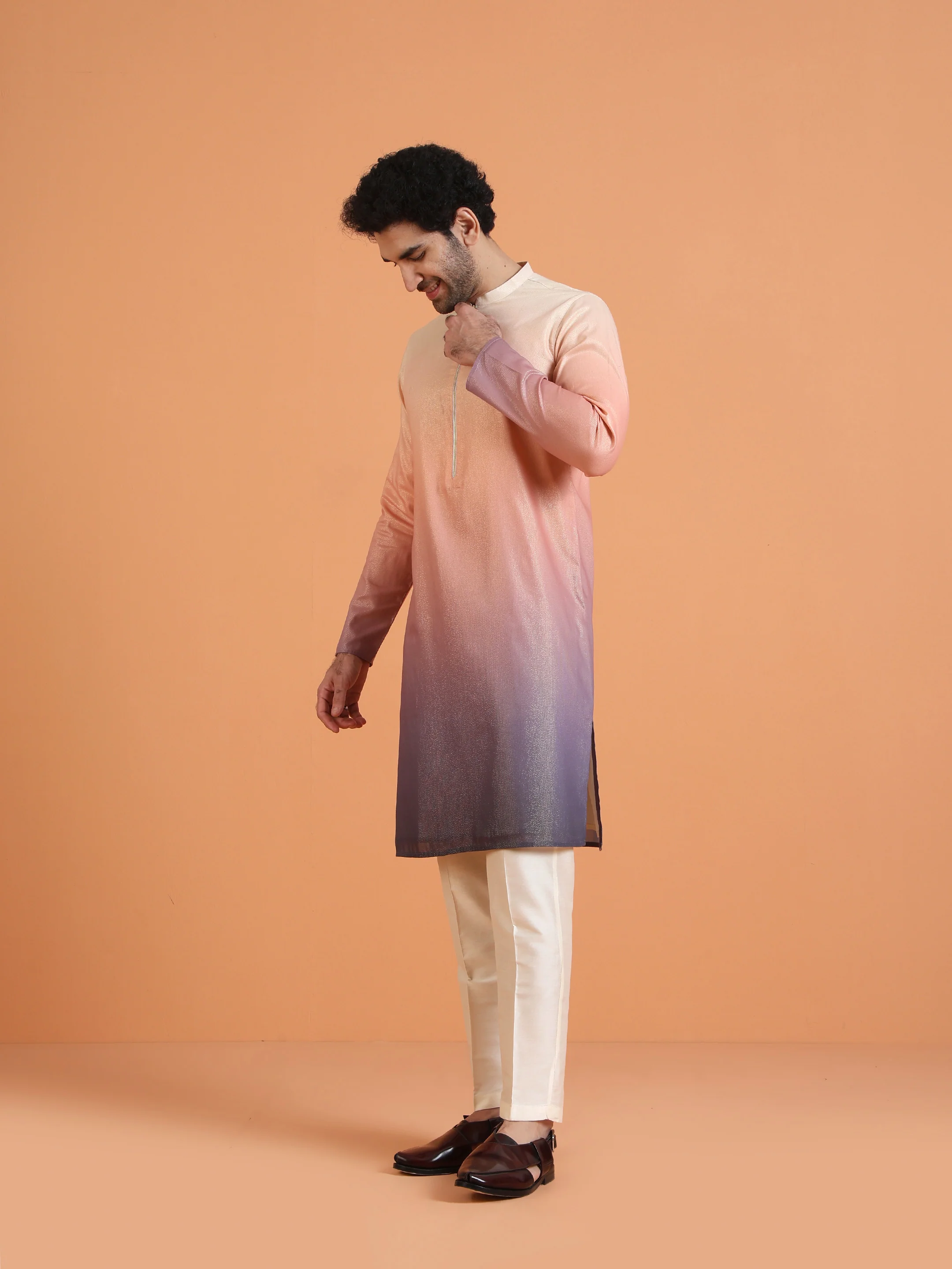 Peach Ombre Dyed Kurta with Cream Trouser Set - Image 2