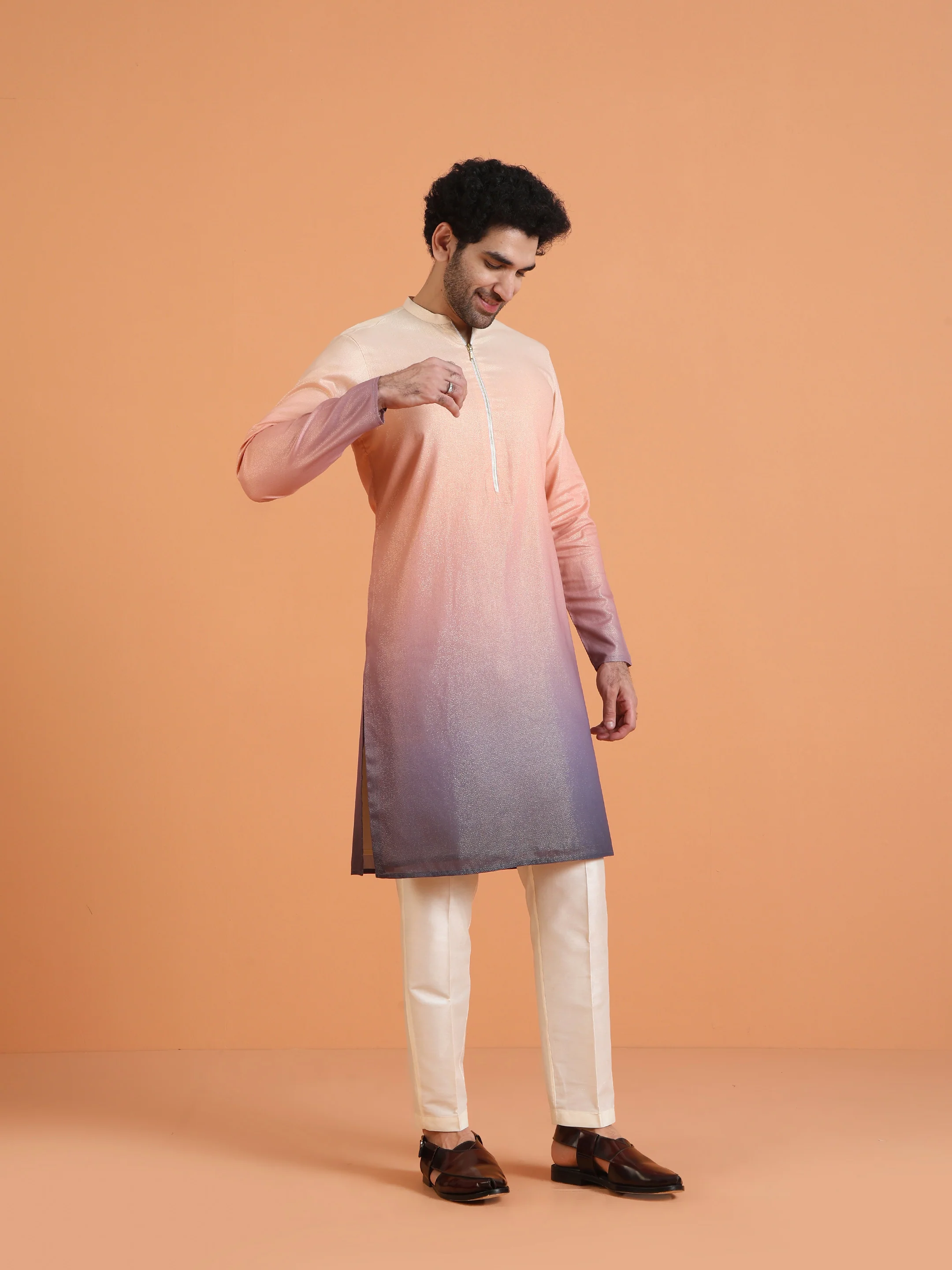 Peach Ombre Dyed Kurta with Cream Trouser Set - Image 3