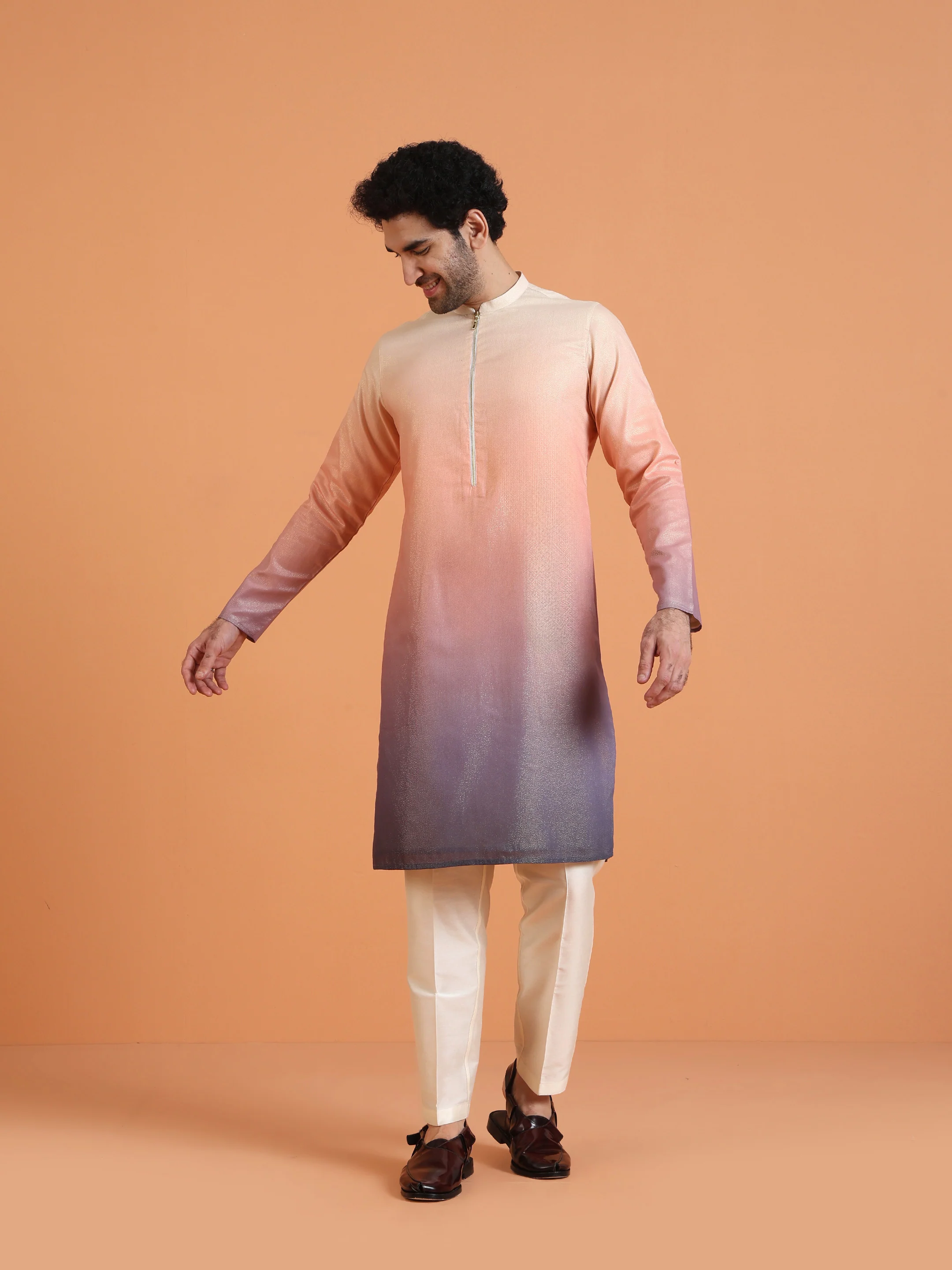 Peach Ombre Dyed Kurta with Cream Trouser Set - Image 7