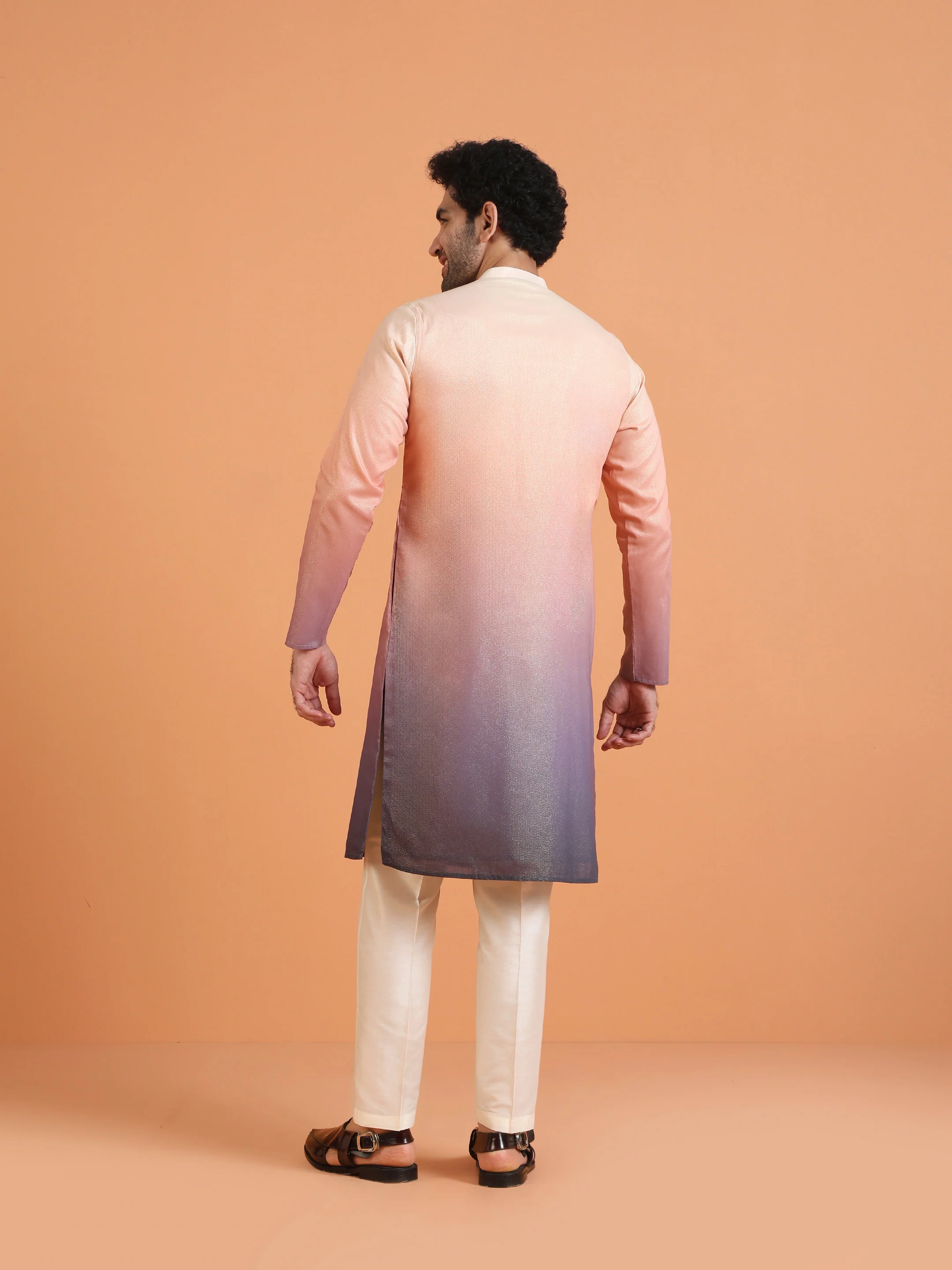 Peach Purple Ombre Satin Metallic Kurta Trouser Dupatta - Image 4