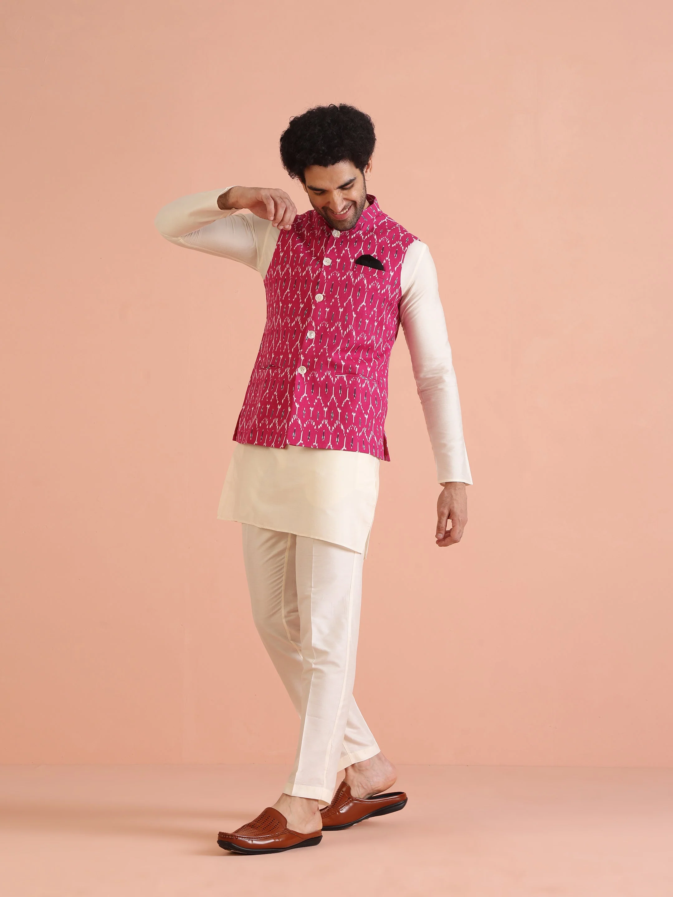 Pink Cotton Silk Ikat Printed Nehru Jacket - Image 3